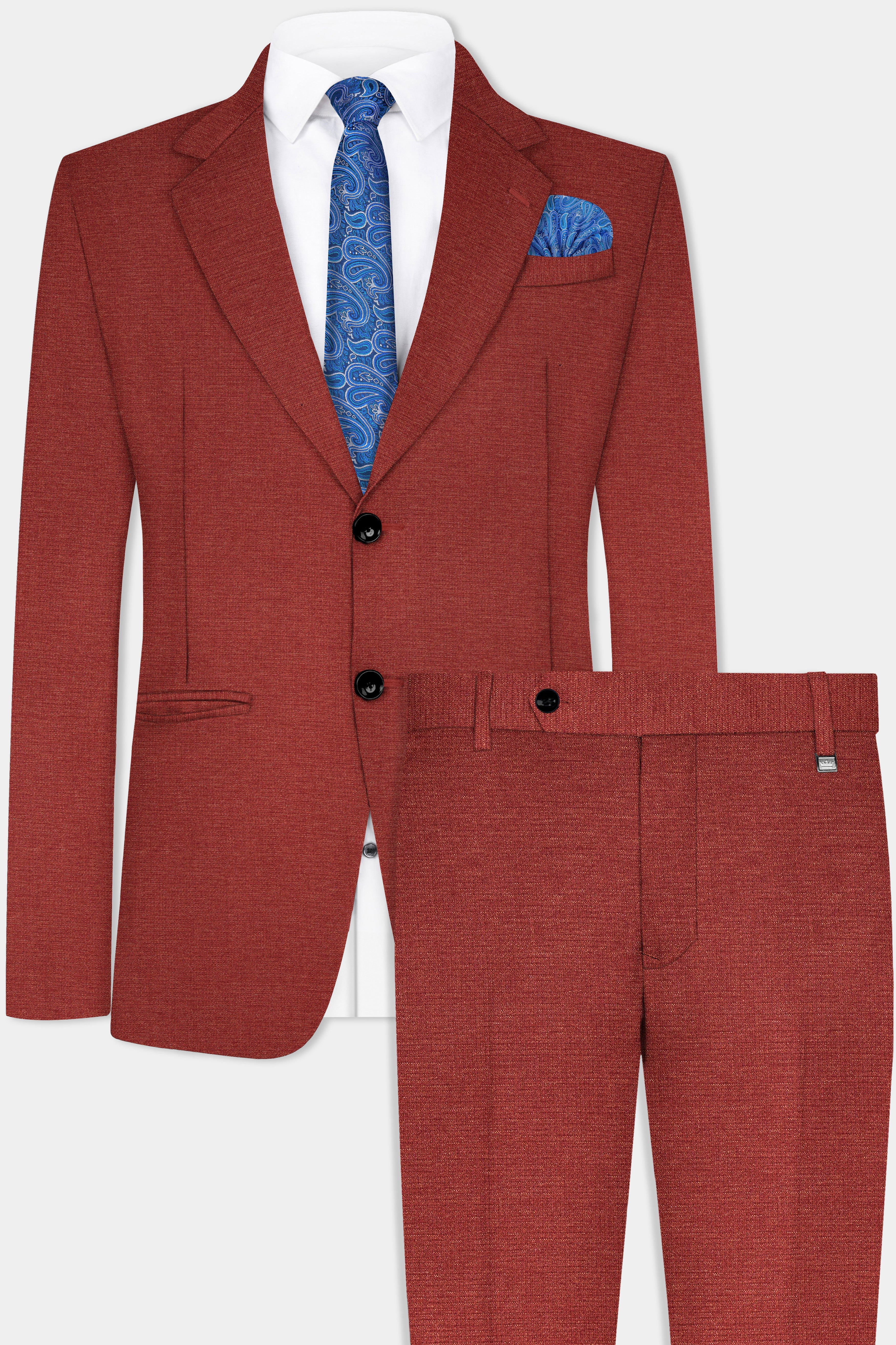 Brick Red Textured Single Breasted Suit