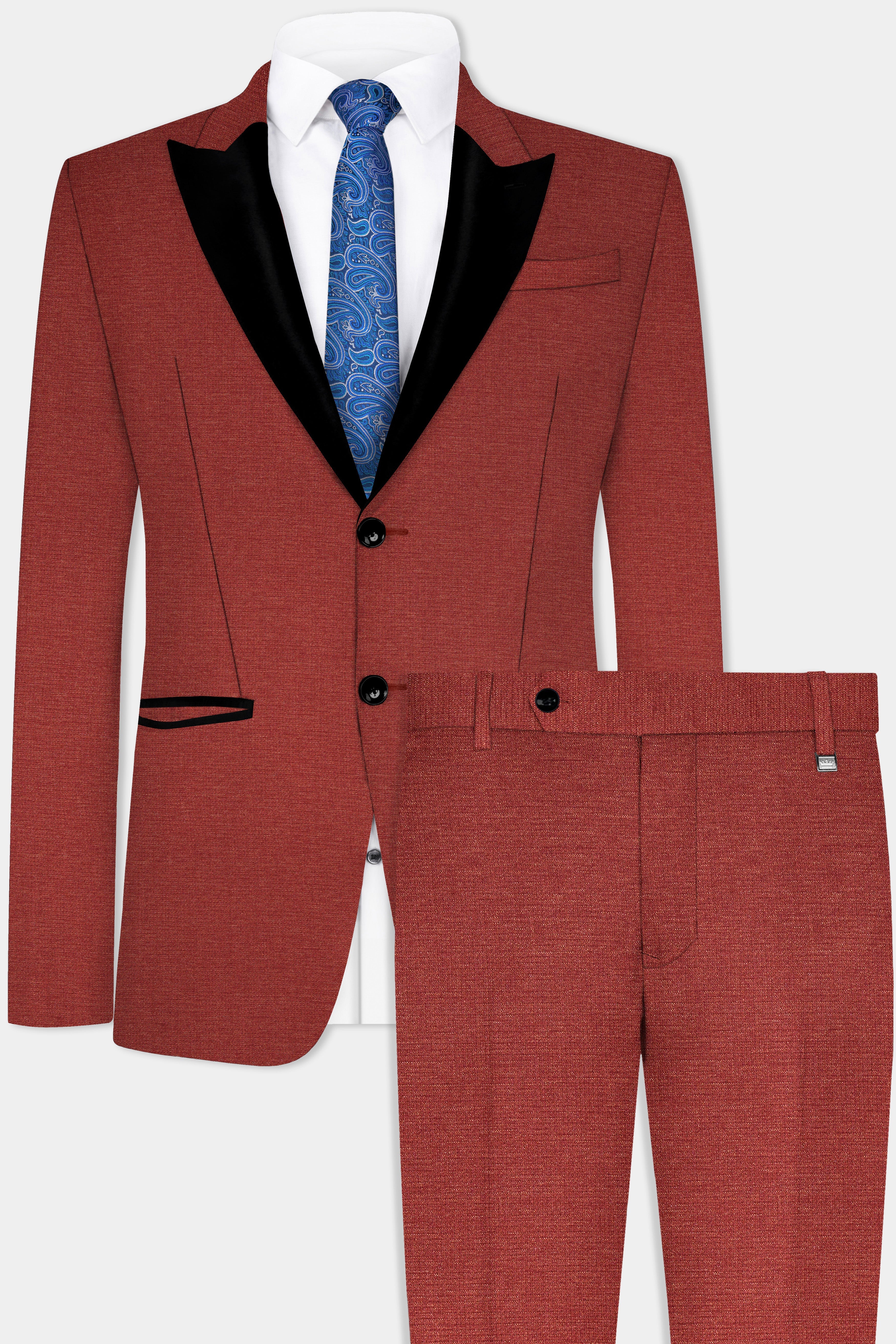 Brick Red Textured Peak Collar Tuxedo Suit