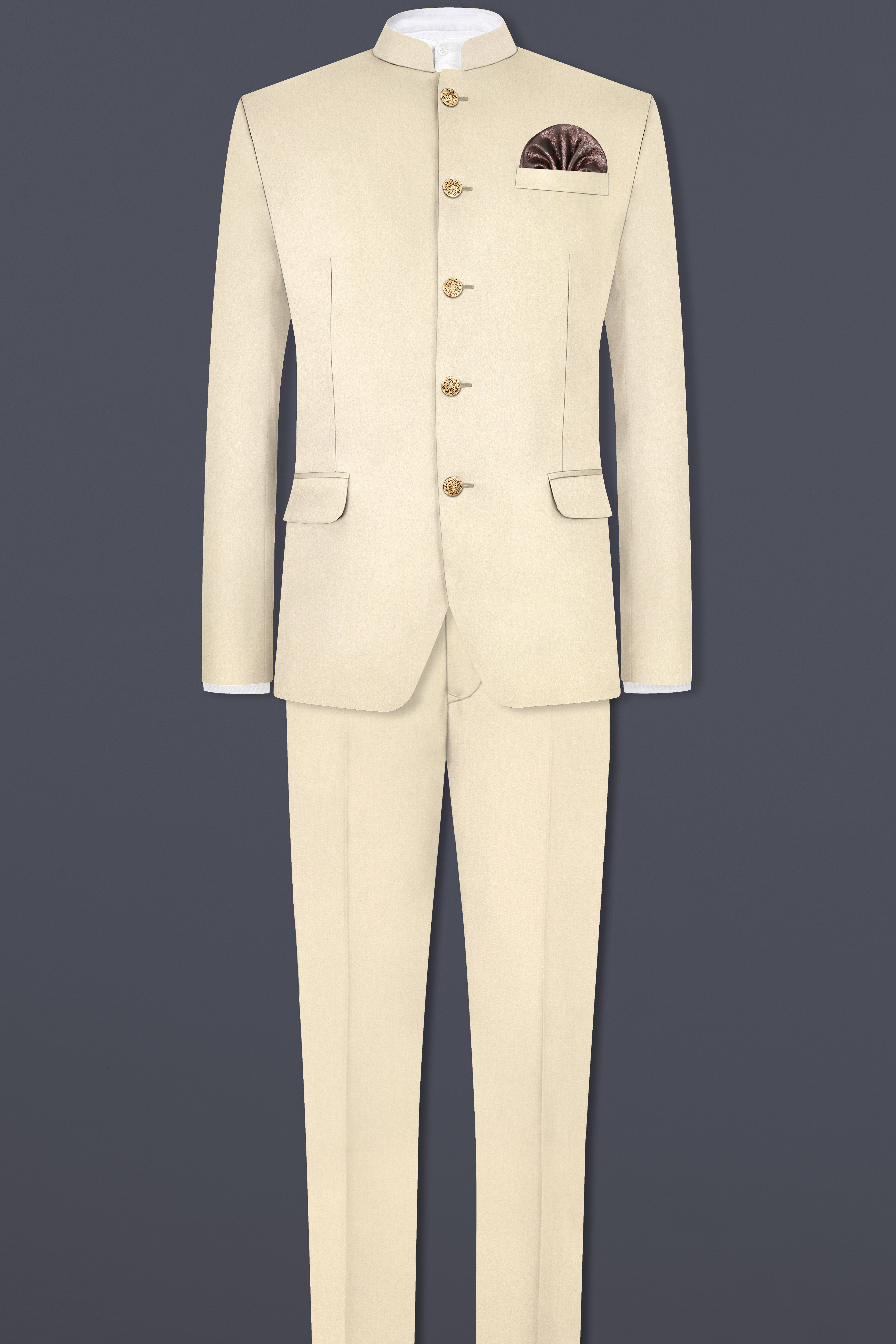 Hampton Cream Solid Wool Blend Bandhgala Suit