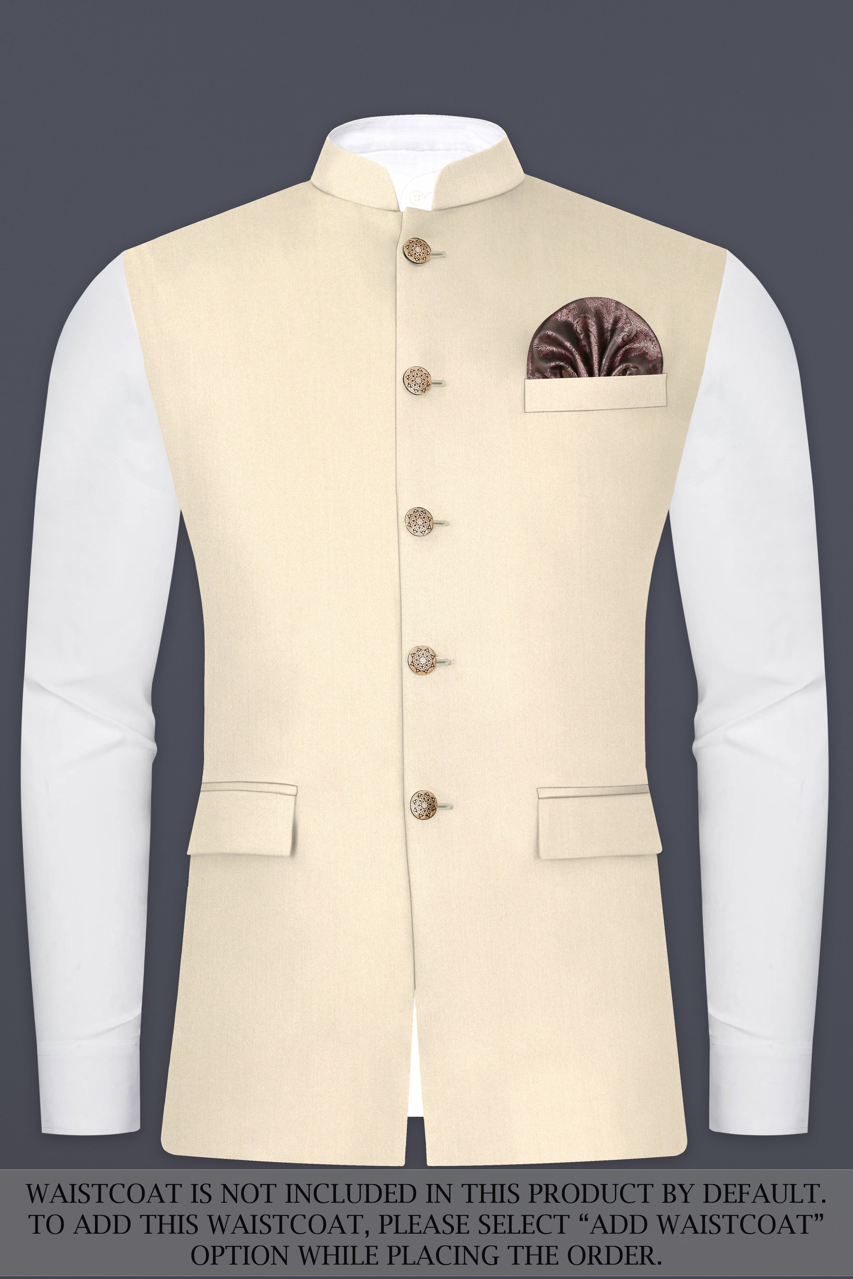 Hampton Cream Solid Wool Blend Cross Placket Bandhgala Suit