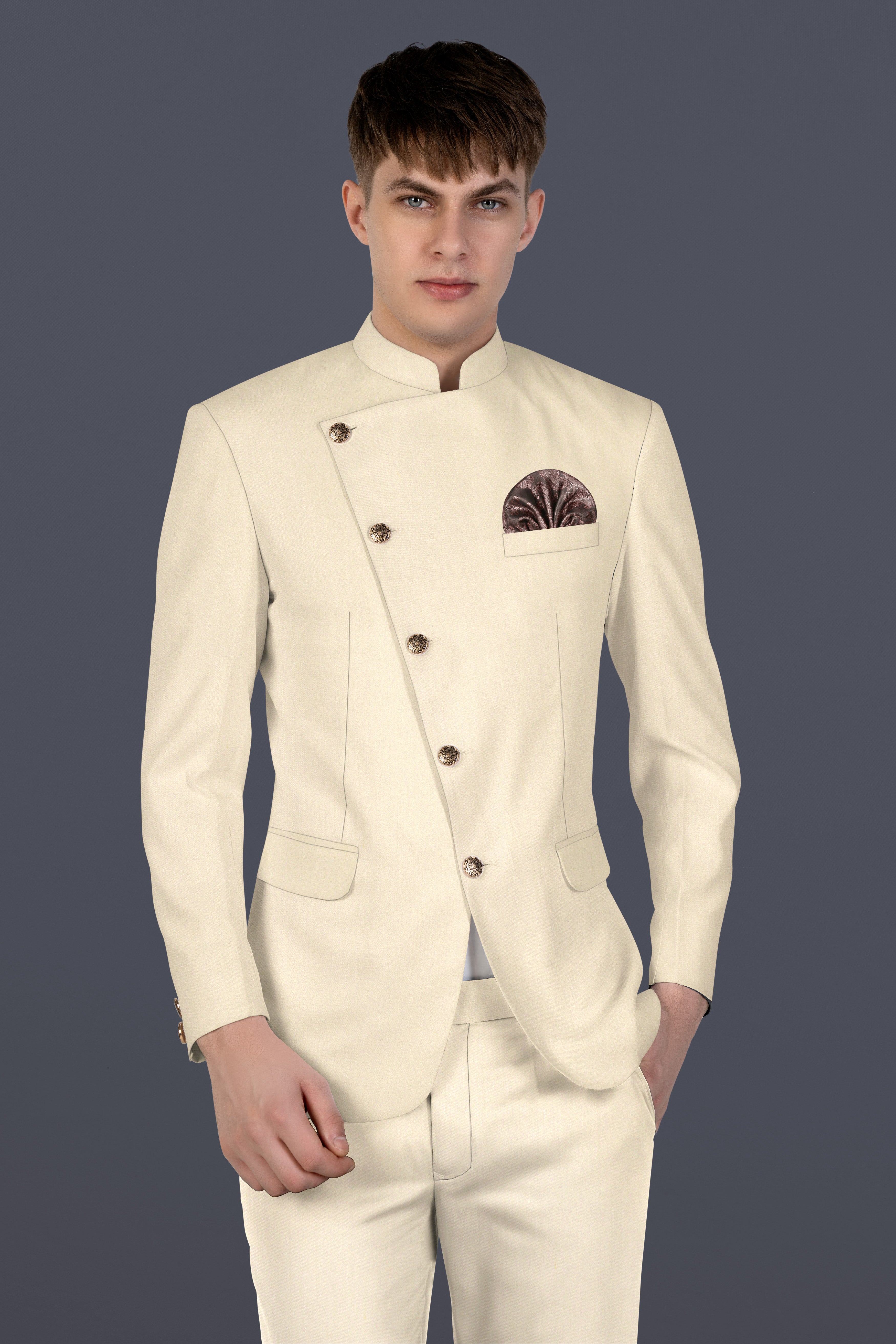 Hampton Cream Solid Wool Blend Cross Placket Bandhgala Suit