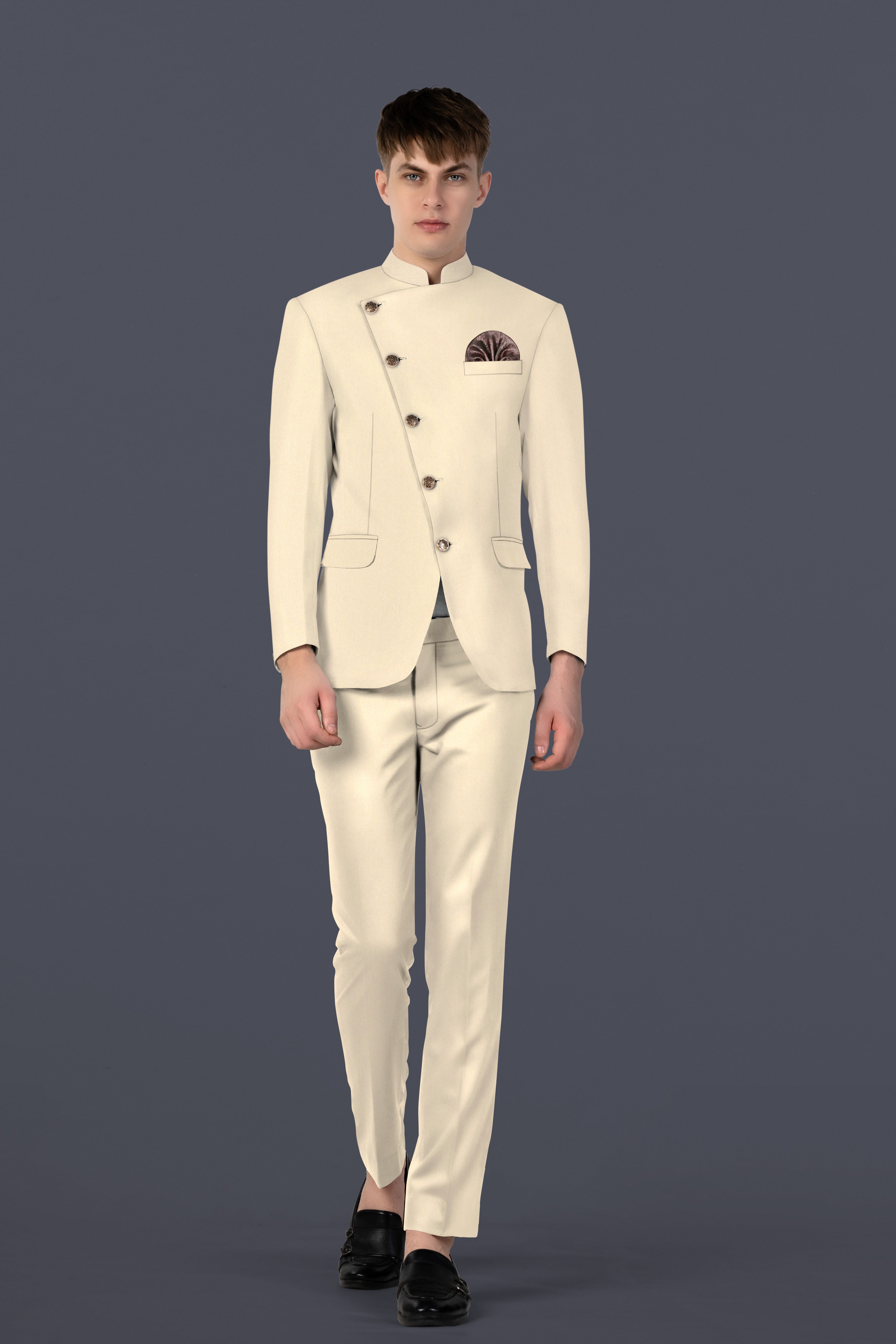 Hampton Cream Solid Wool Blend Cross Placket Bandhgala Suit