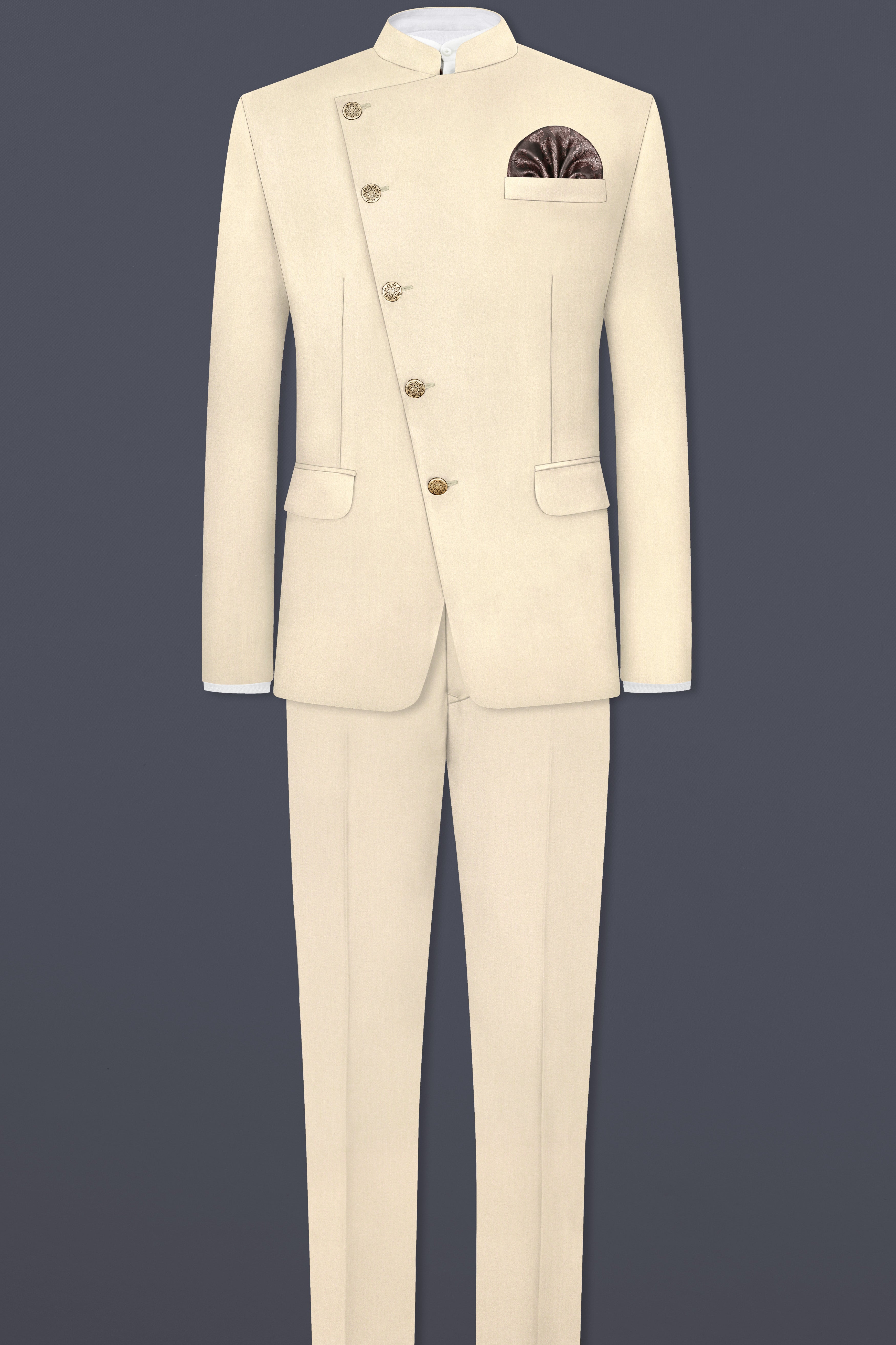 Hampton Cream Solid Wool Blend Cross Placket Bandhgala Suit