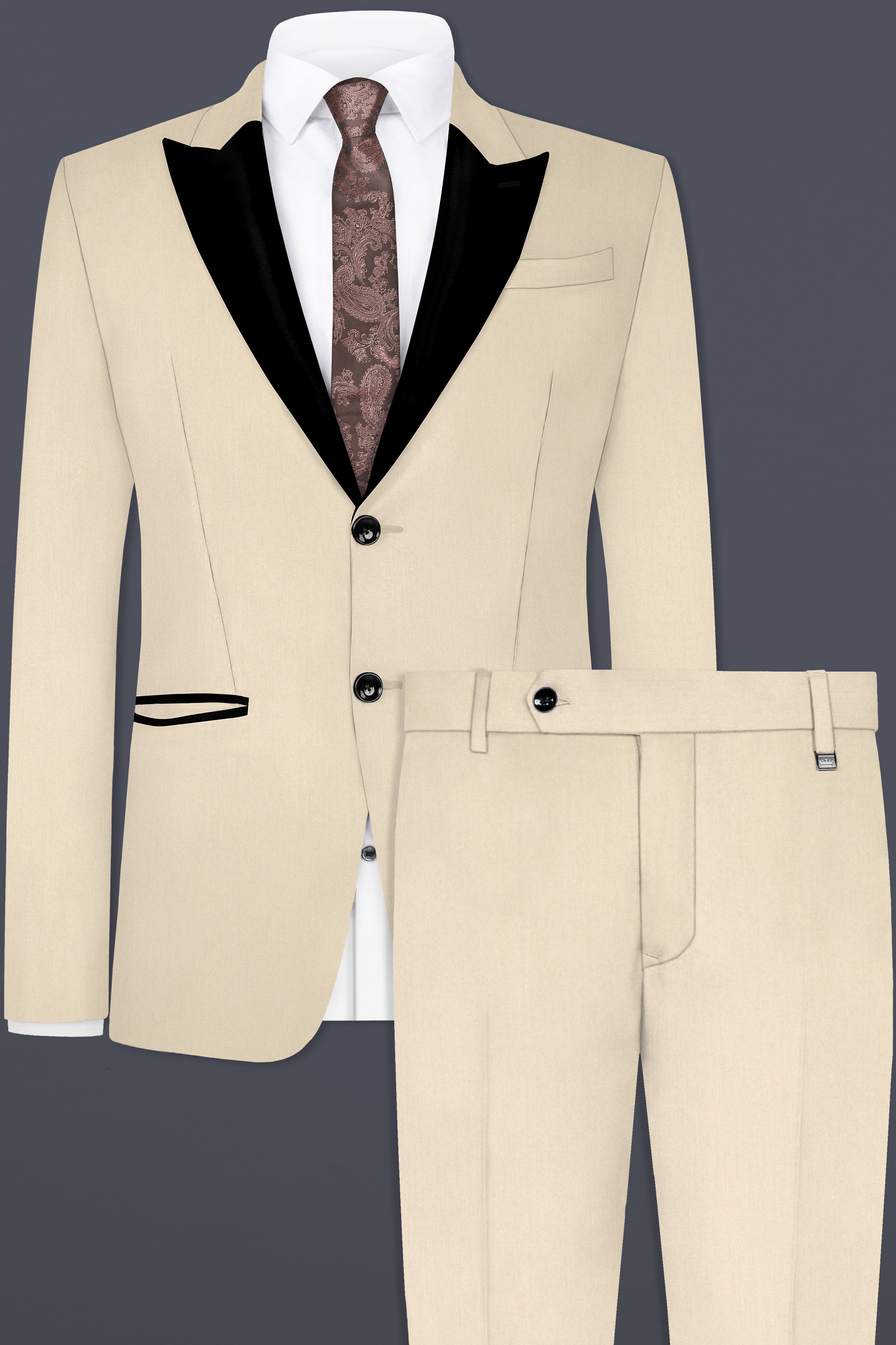 Hampton Cream Solid Wool Blend Peak Collar Tuxedo Suit