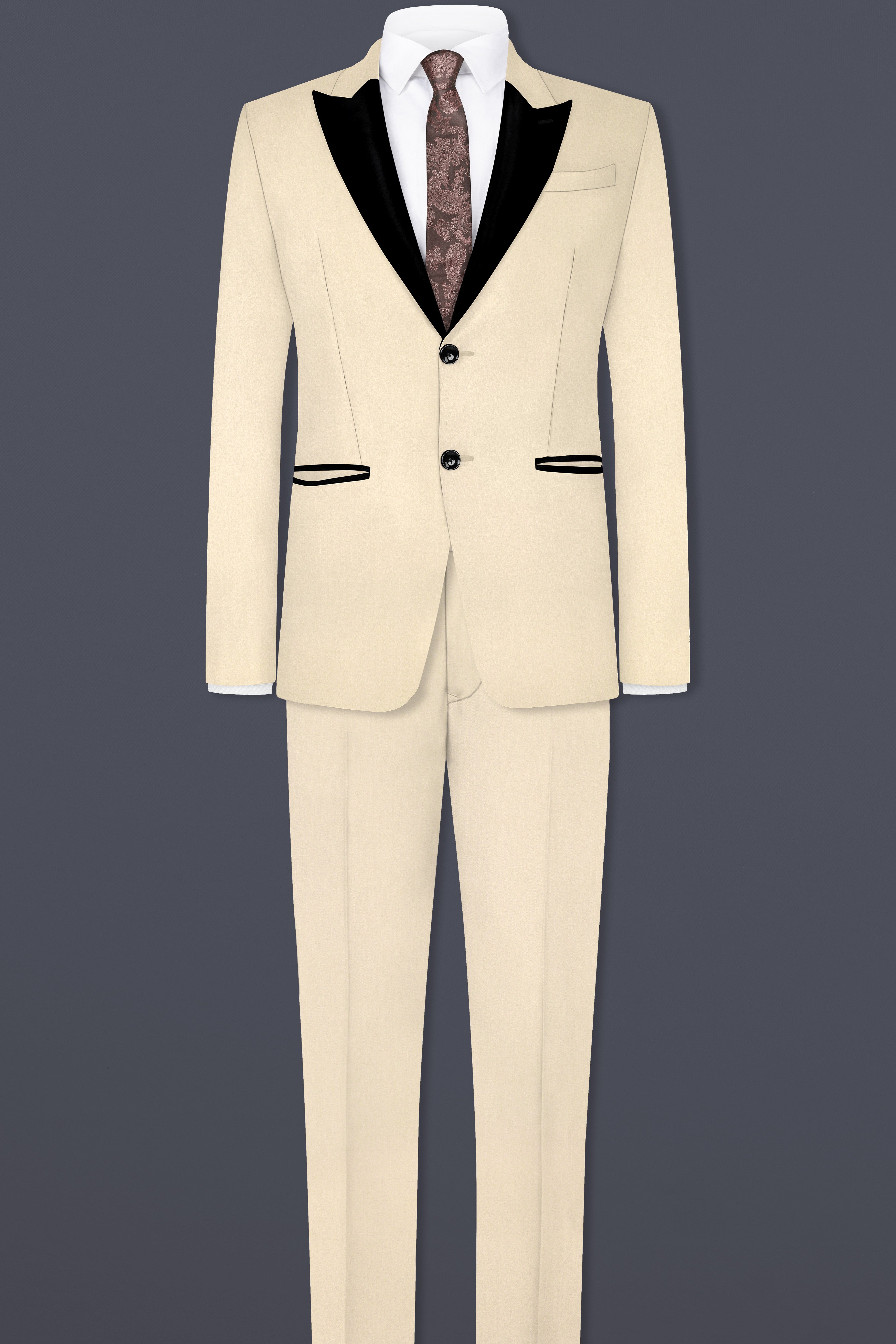 Hampton Cream Solid Wool Blend Peak Collar Tuxedo Suit