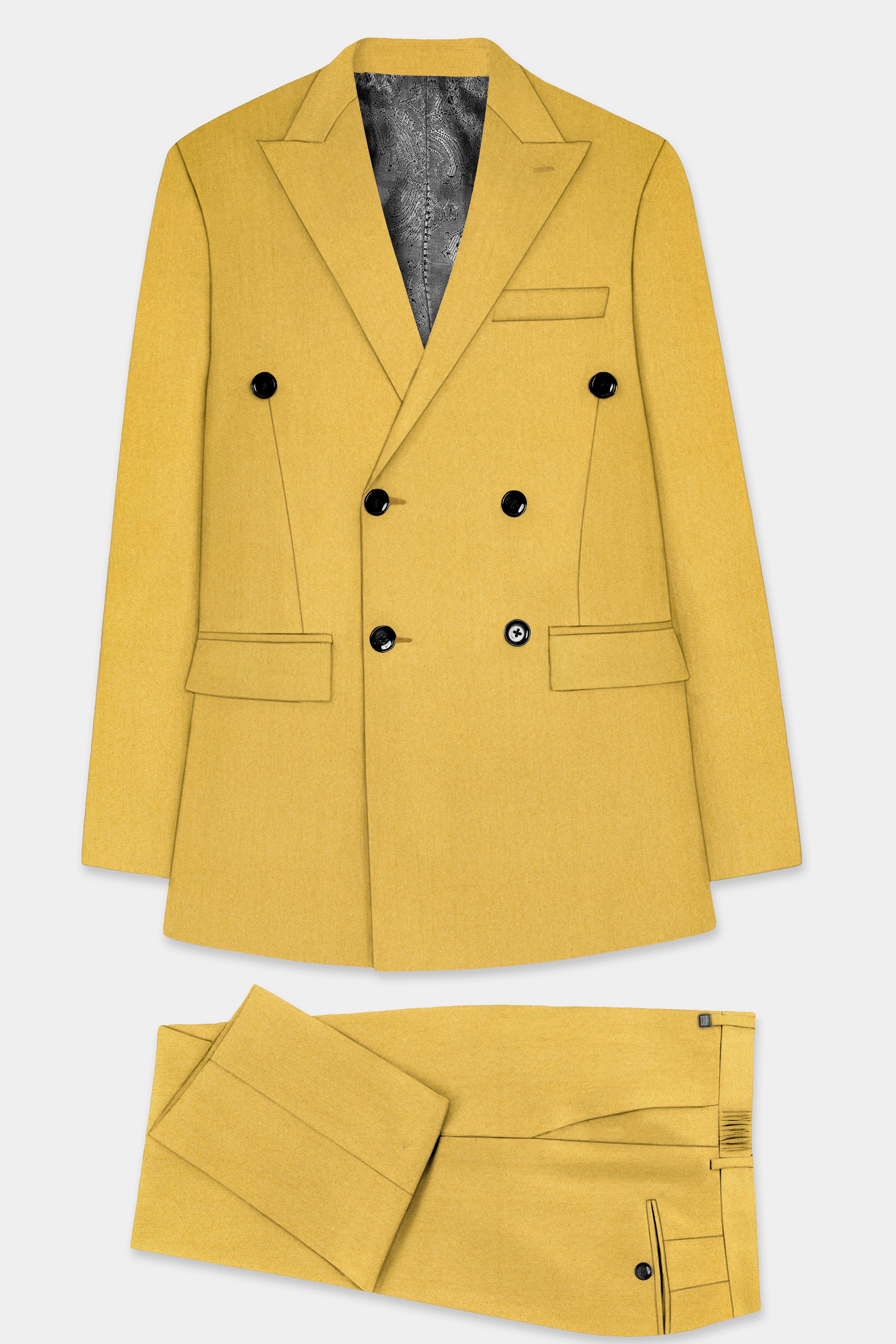 Camel Yellow Solid Cotton Double Breasted Suit