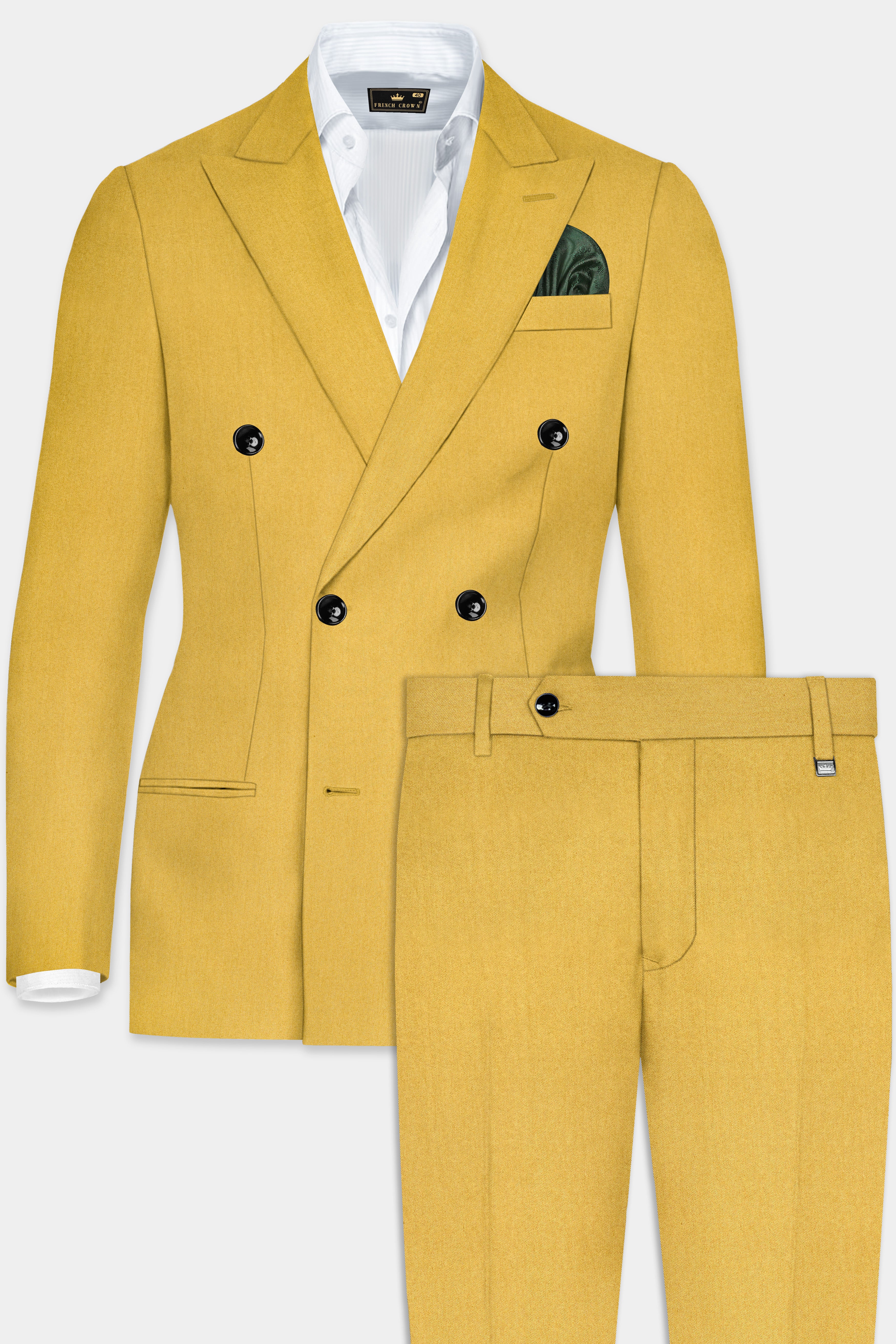 Camel Yellow Solid Cotton Double Breasted Suit