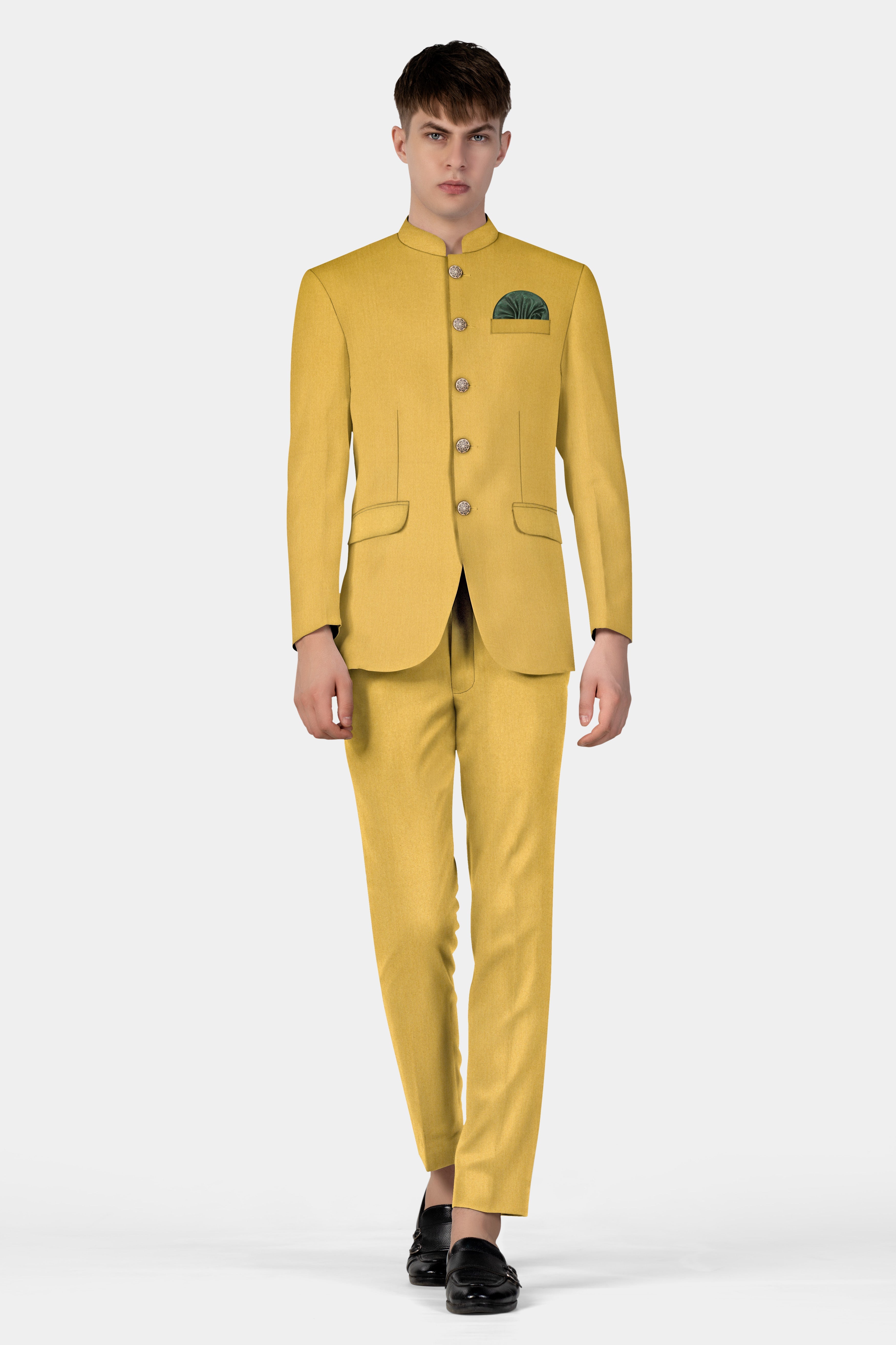 Camel Yellow Solid Cotton Bandhgala Suit