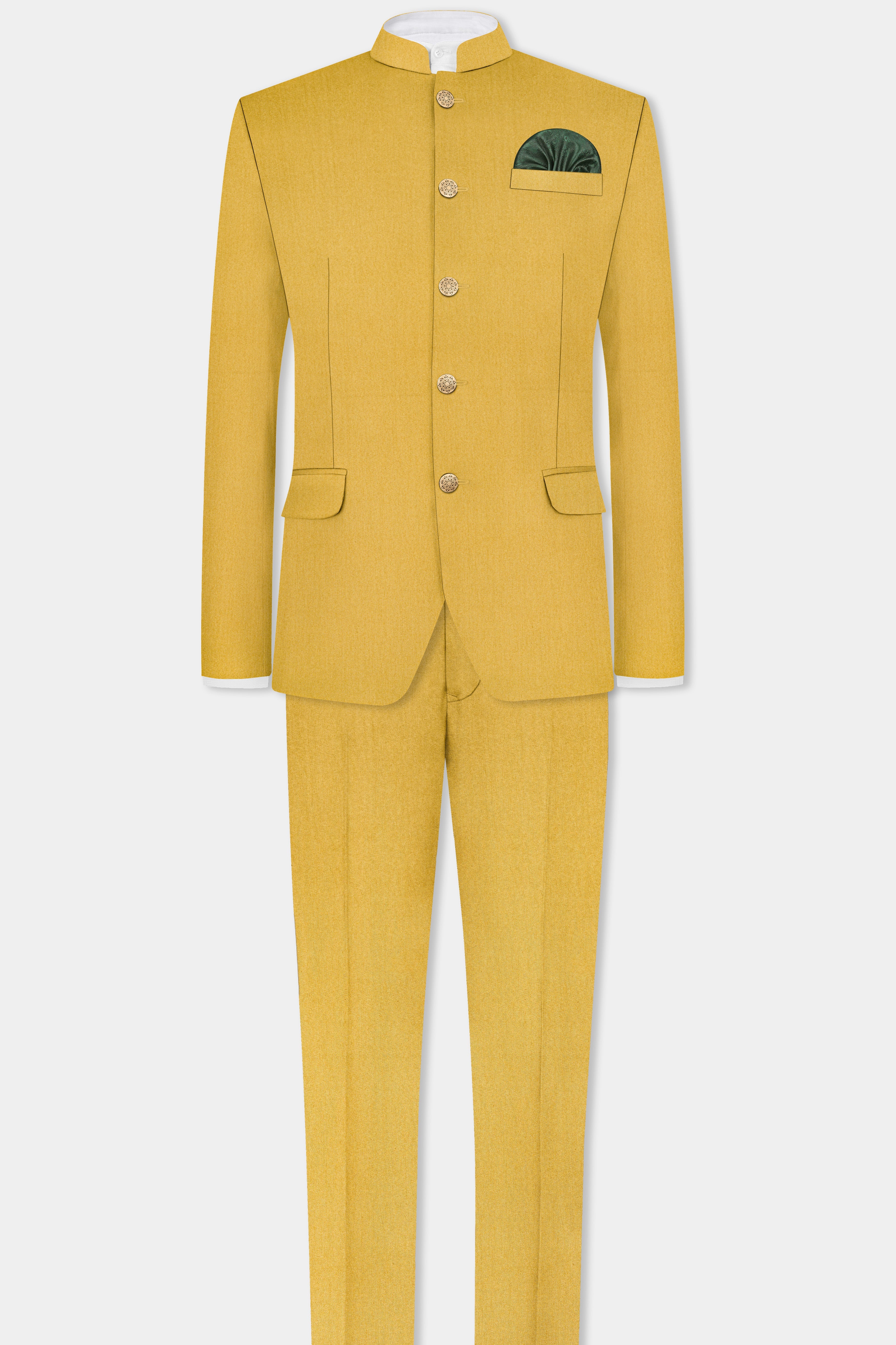 Camel Yellow Solid Cotton Bandhgala Suit