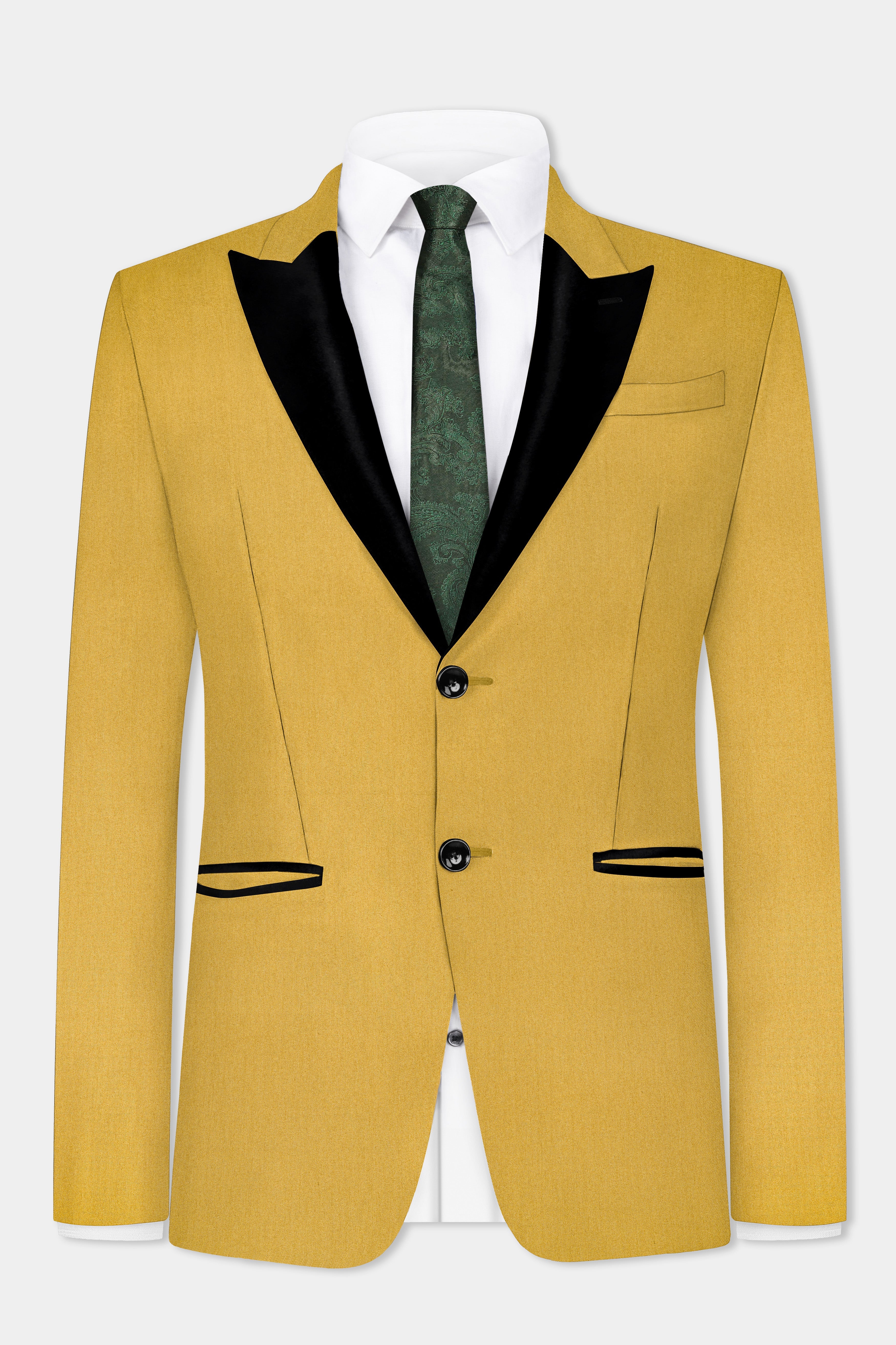 Camel Yellow Solid Cotton Peak Collar Tuxedo Suit