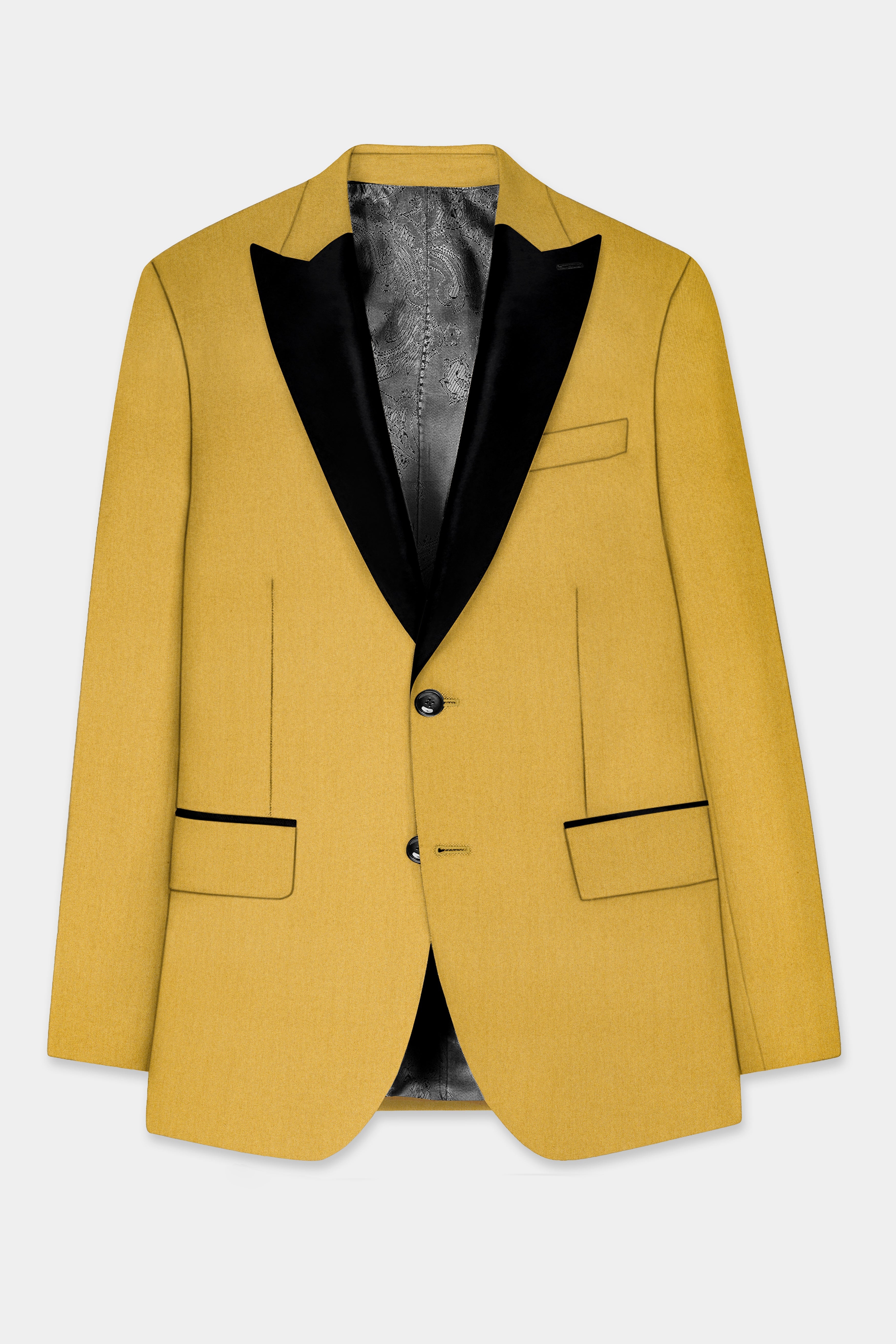 Camel Yellow Solid Cotton Peak Collar Tuxedo Suit