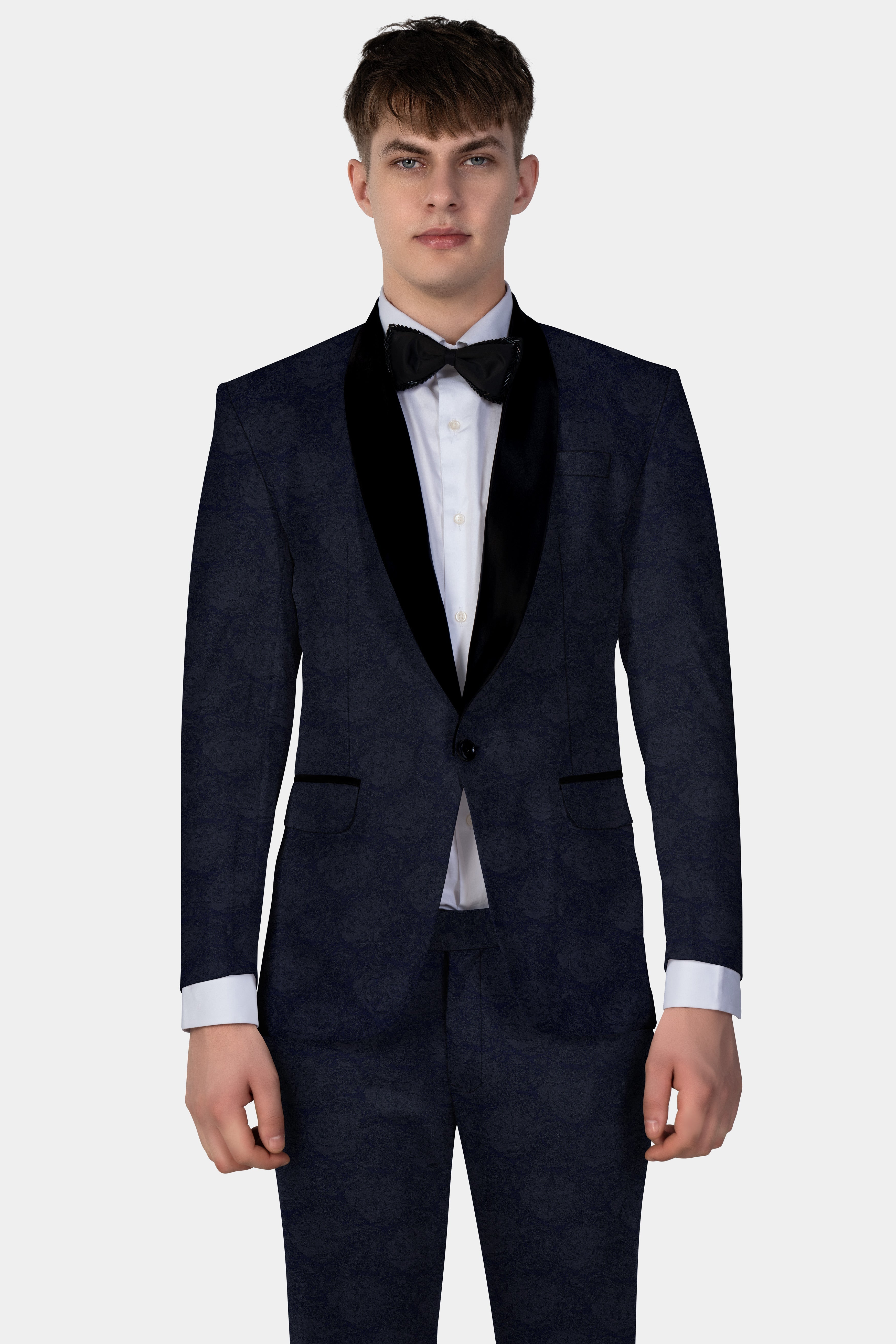 Firefly Blue and Black Jacquard Textured Tuxedo Suit