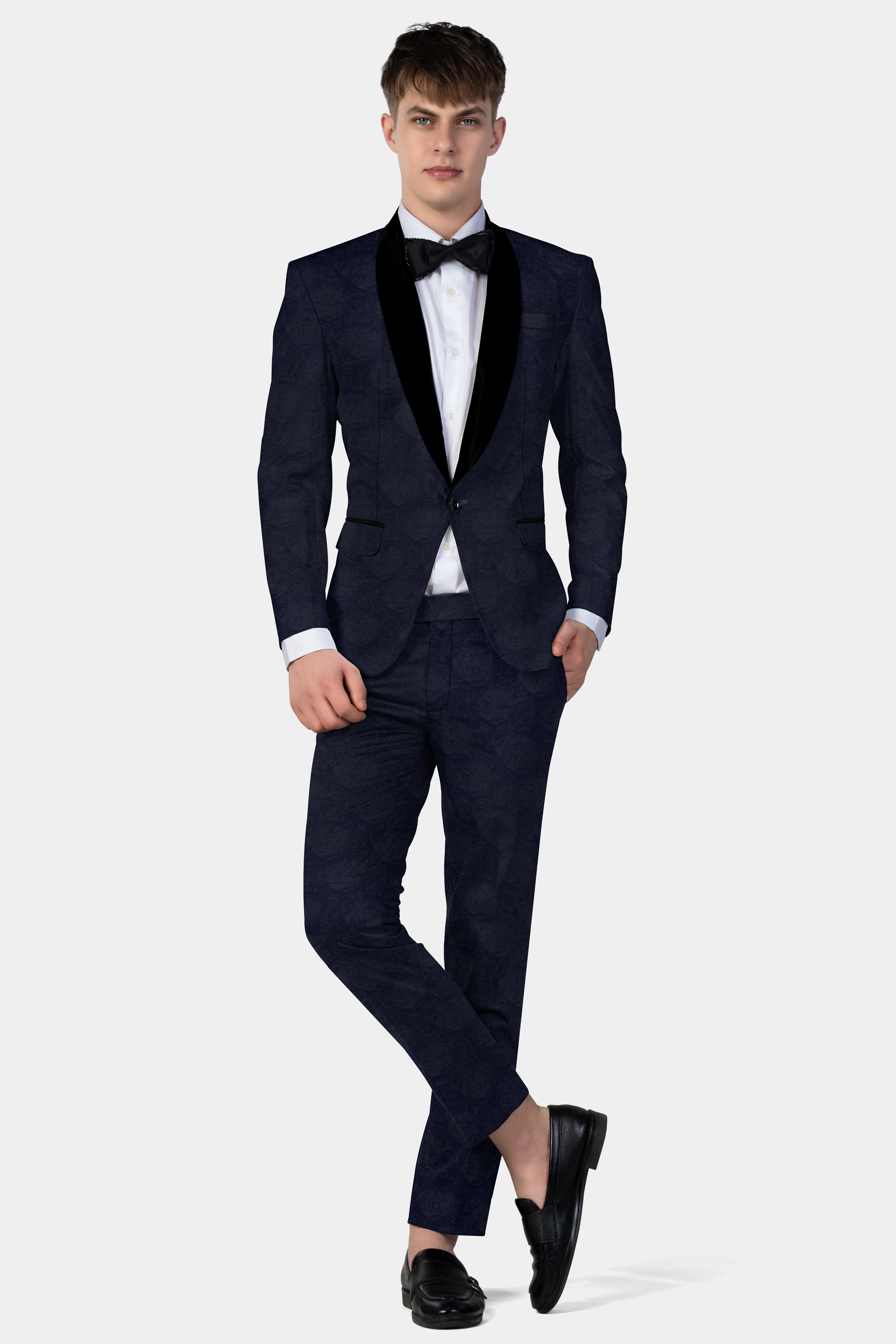 Firefly Blue and Black Jacquard Textured Tuxedo Suit