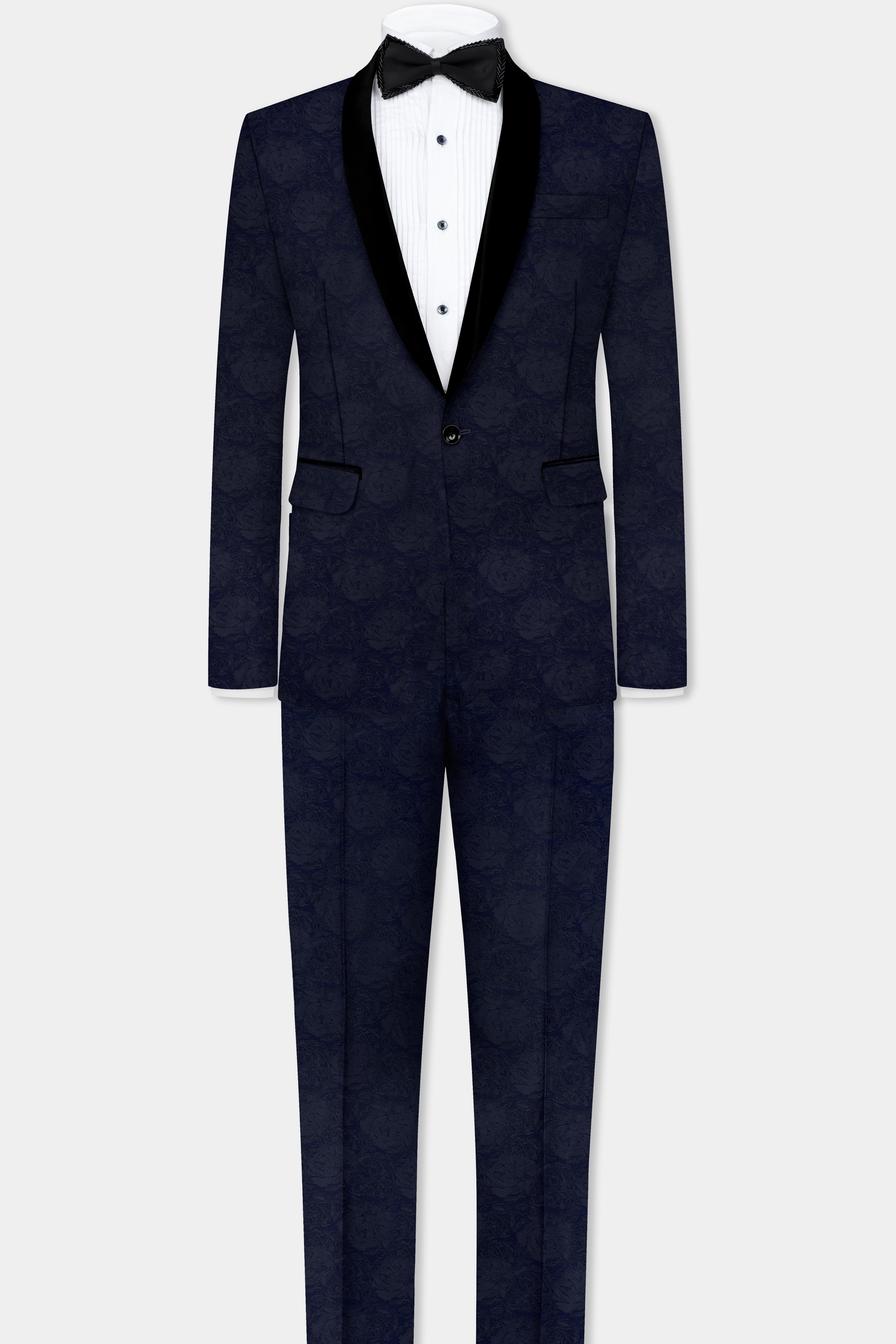 Firefly Blue and Black Jacquard Textured Tuxedo Suit