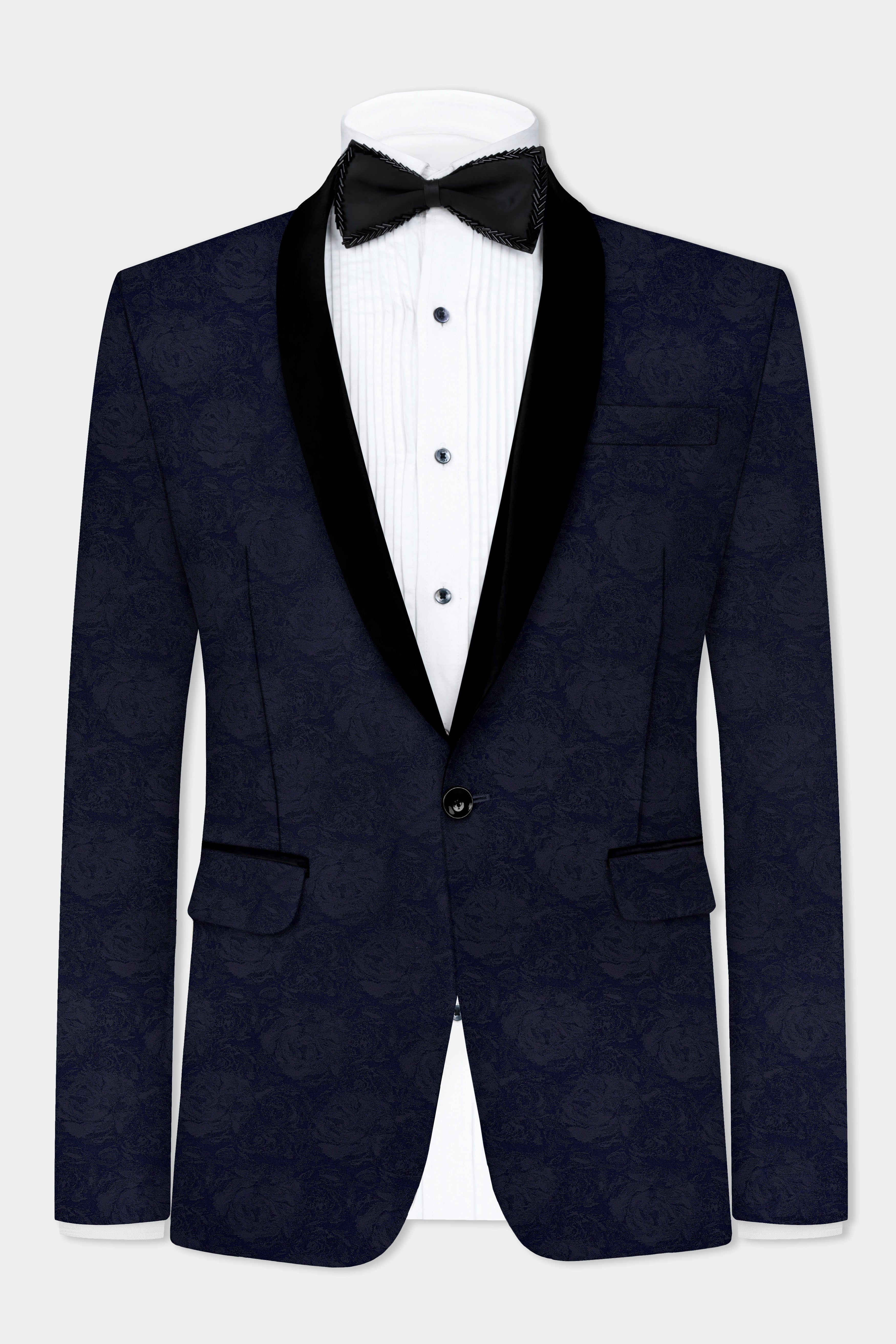 Firefly Blue and Black Jacquard Textured Tuxedo Suit