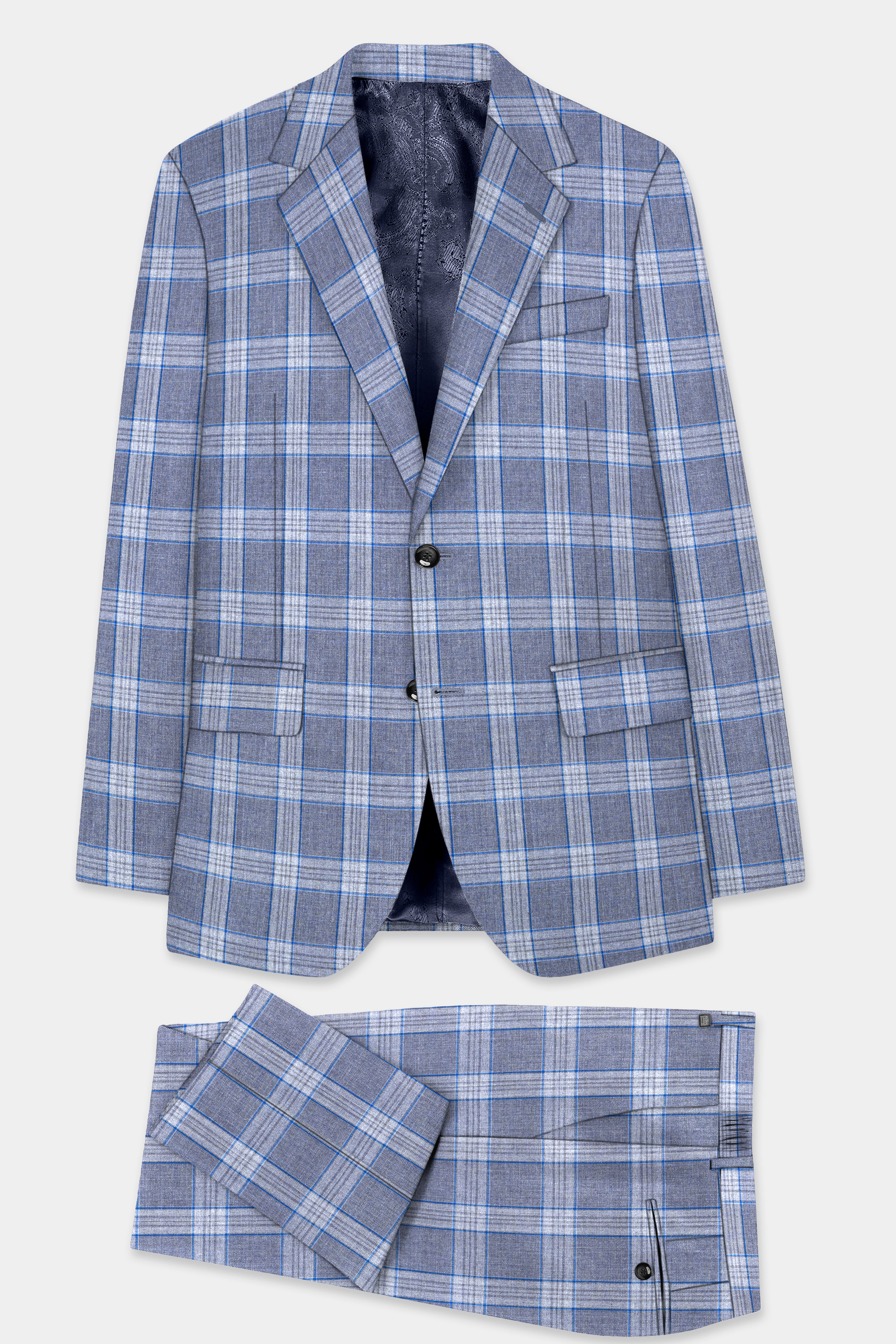 Amethyst Smoke Blue Checked Wool Blend Suit