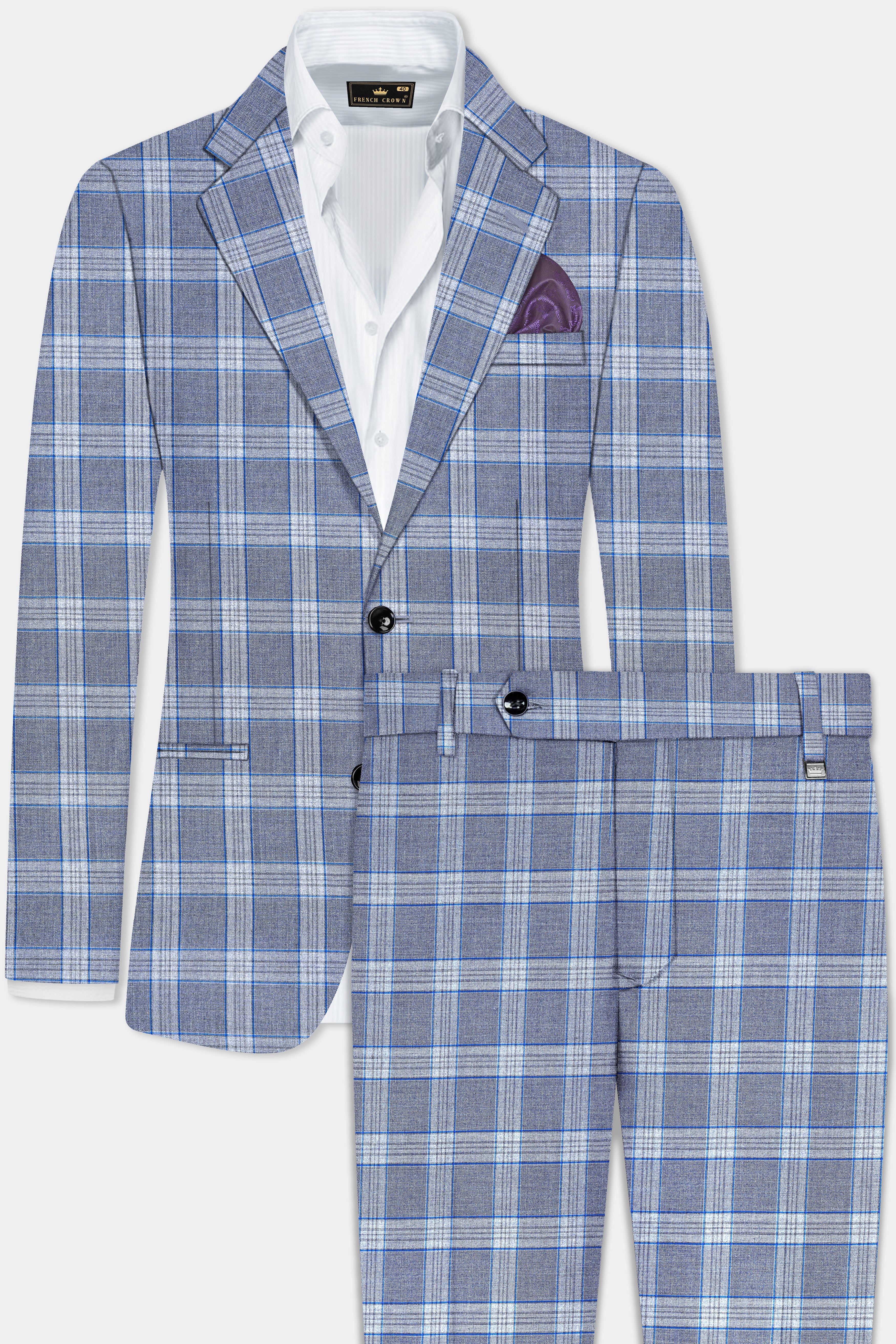 Amethyst Smoke Blue Checked Wool Blend Suit