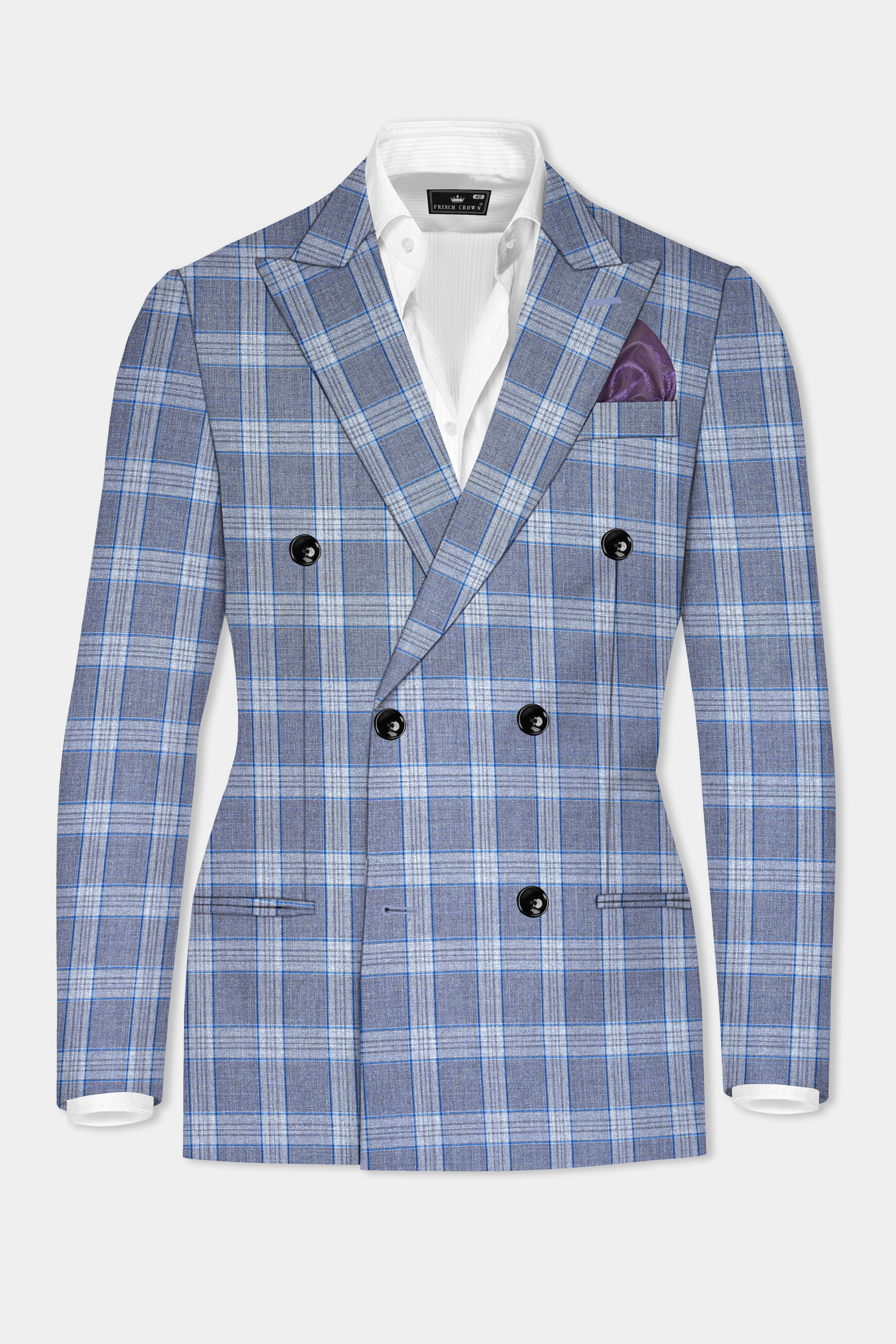 Amethyst Smoke Blue Checked Wool Blend Double Breasted Suit