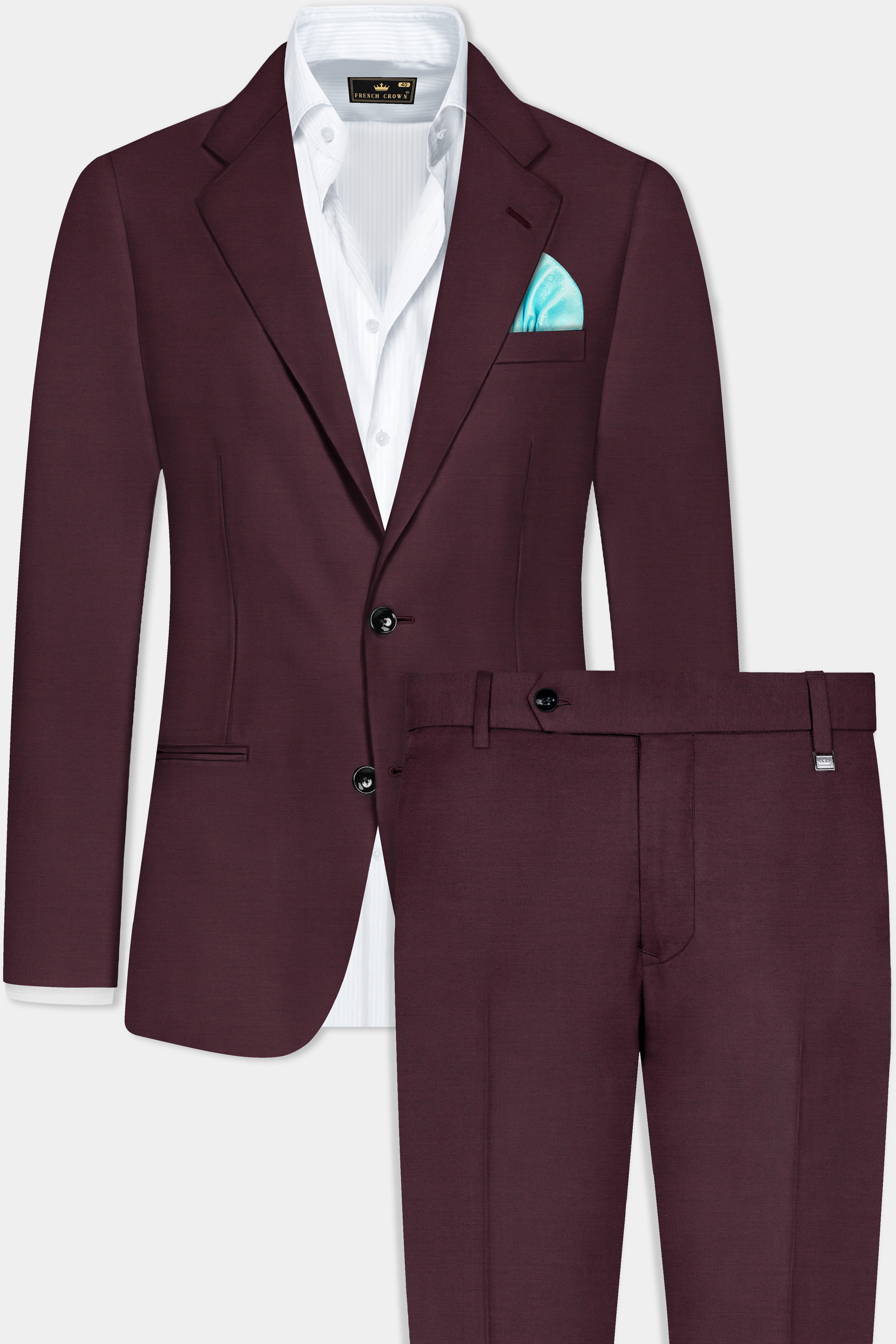 Crater Maroon Solid Wool Blend Single Breasted Suit