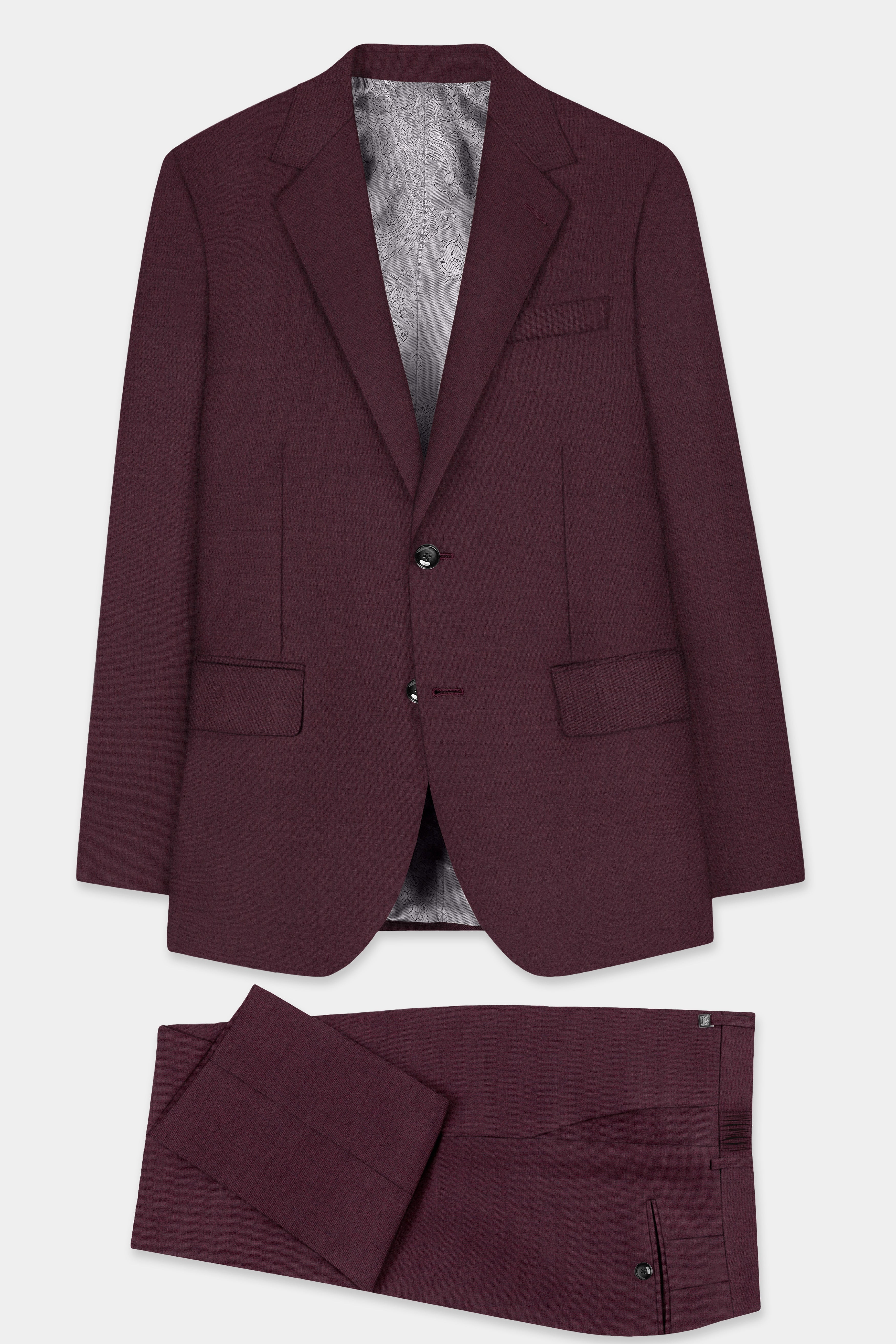 Crater Maroon Solid Wool Blend Single Breasted Suit