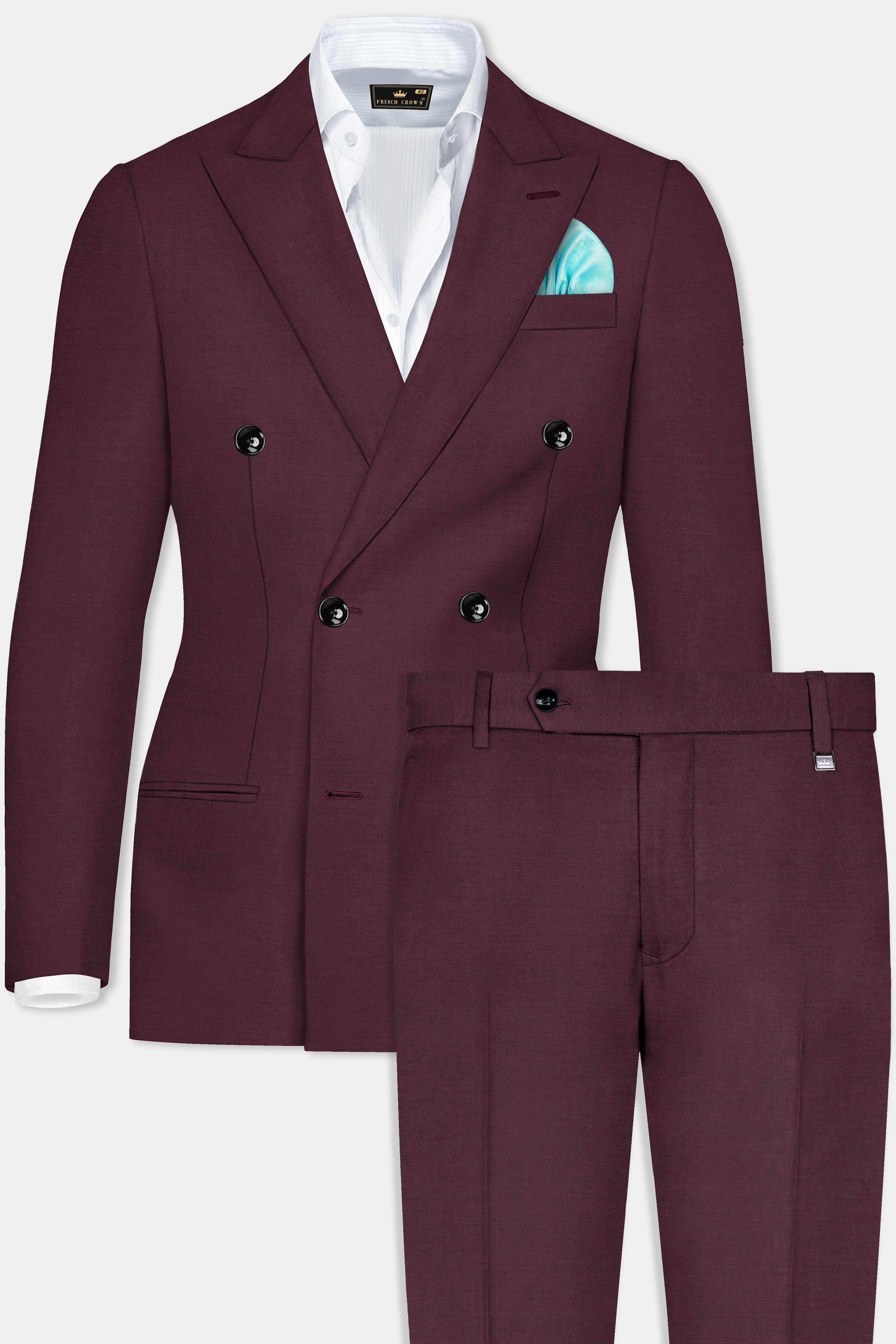 Crater Maroon Solid Wool Blend Double Breasted Suit