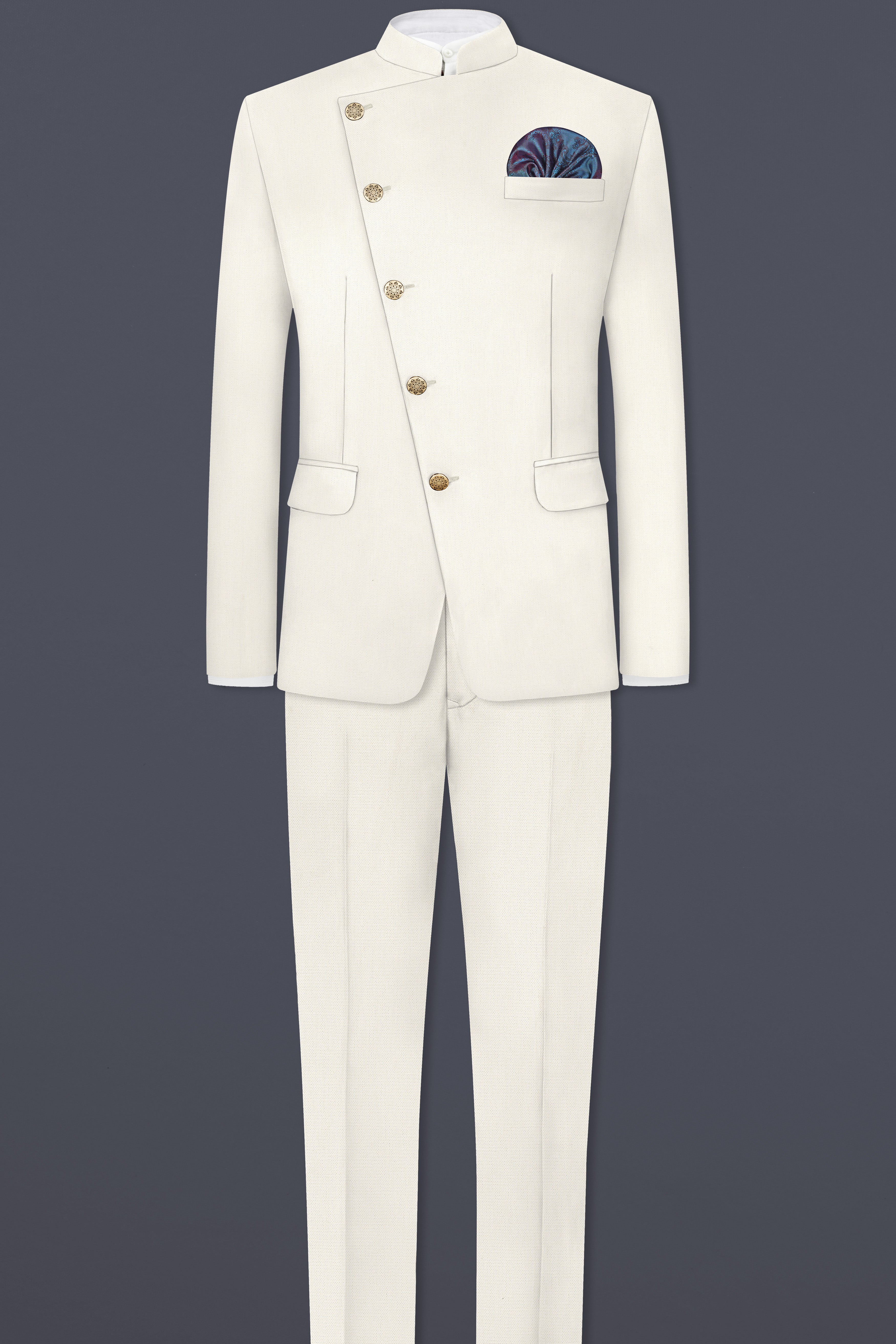 Merino Cream Solid Cotton Cross Placket Bandhgala Suit