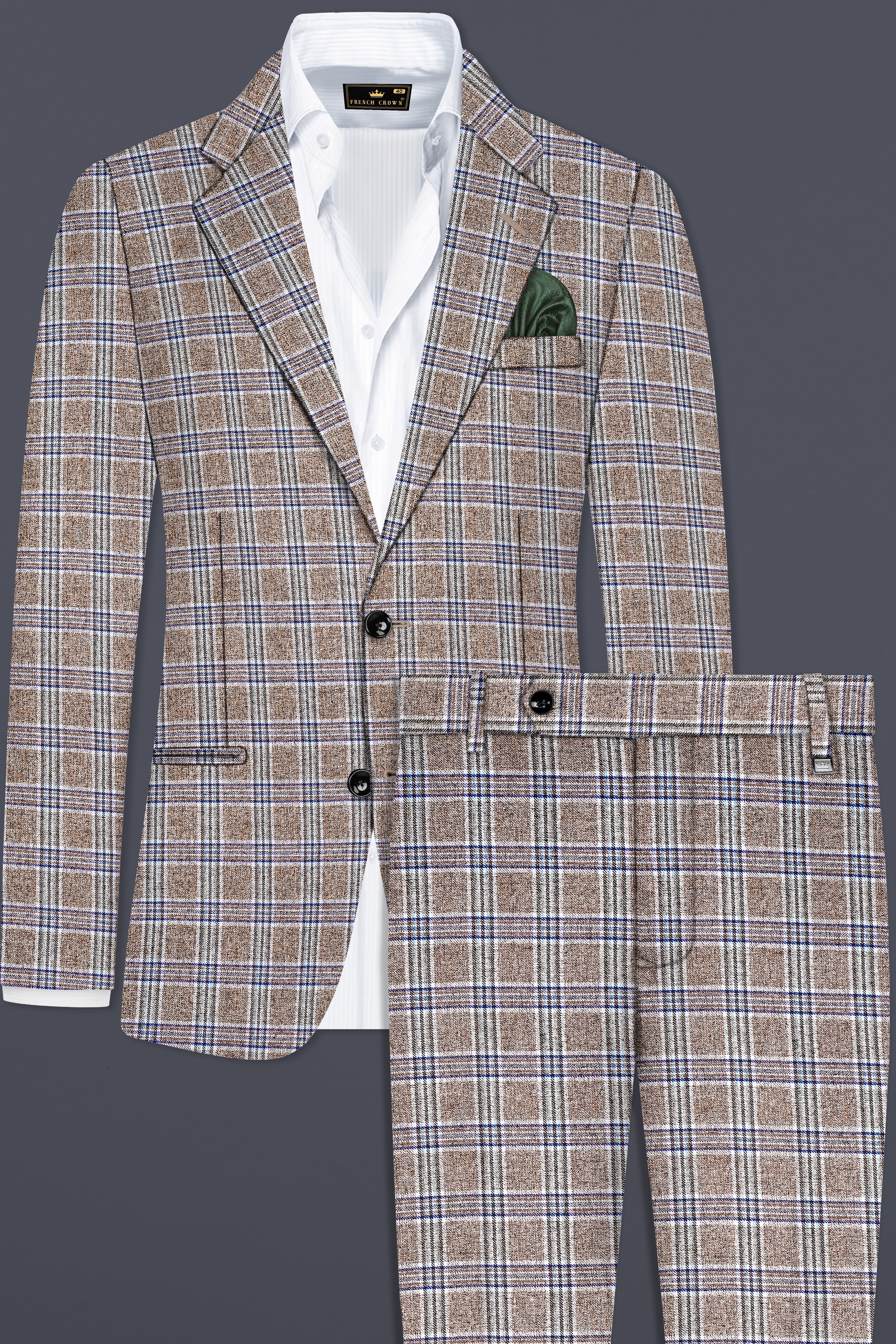 Shadow Brown with Rhino Blue Plaid Wool Blend Single Breasted Suit