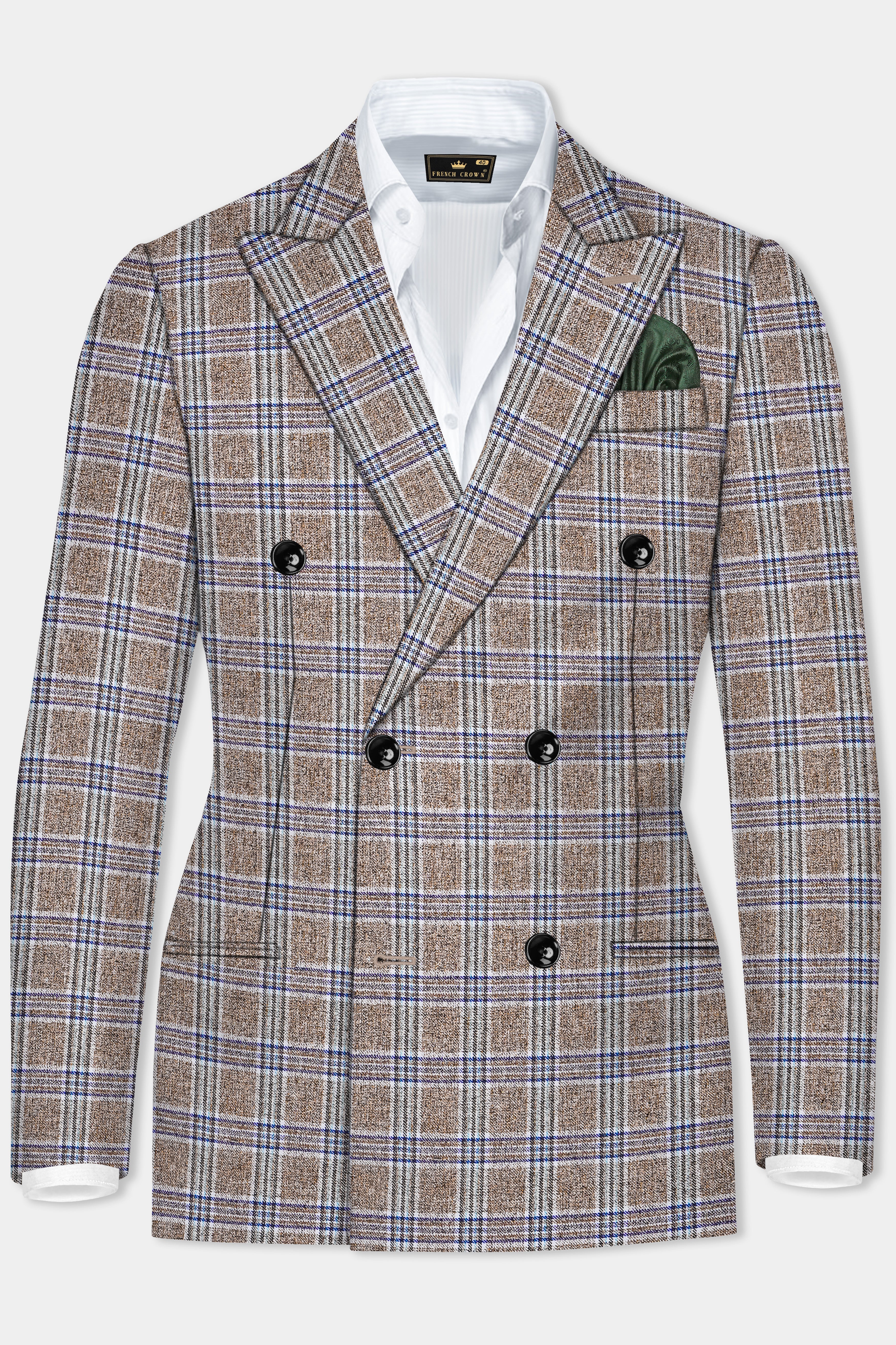 Shadow Brown with Rhino Blue Plaid Wool Blend Double Breasted Suit