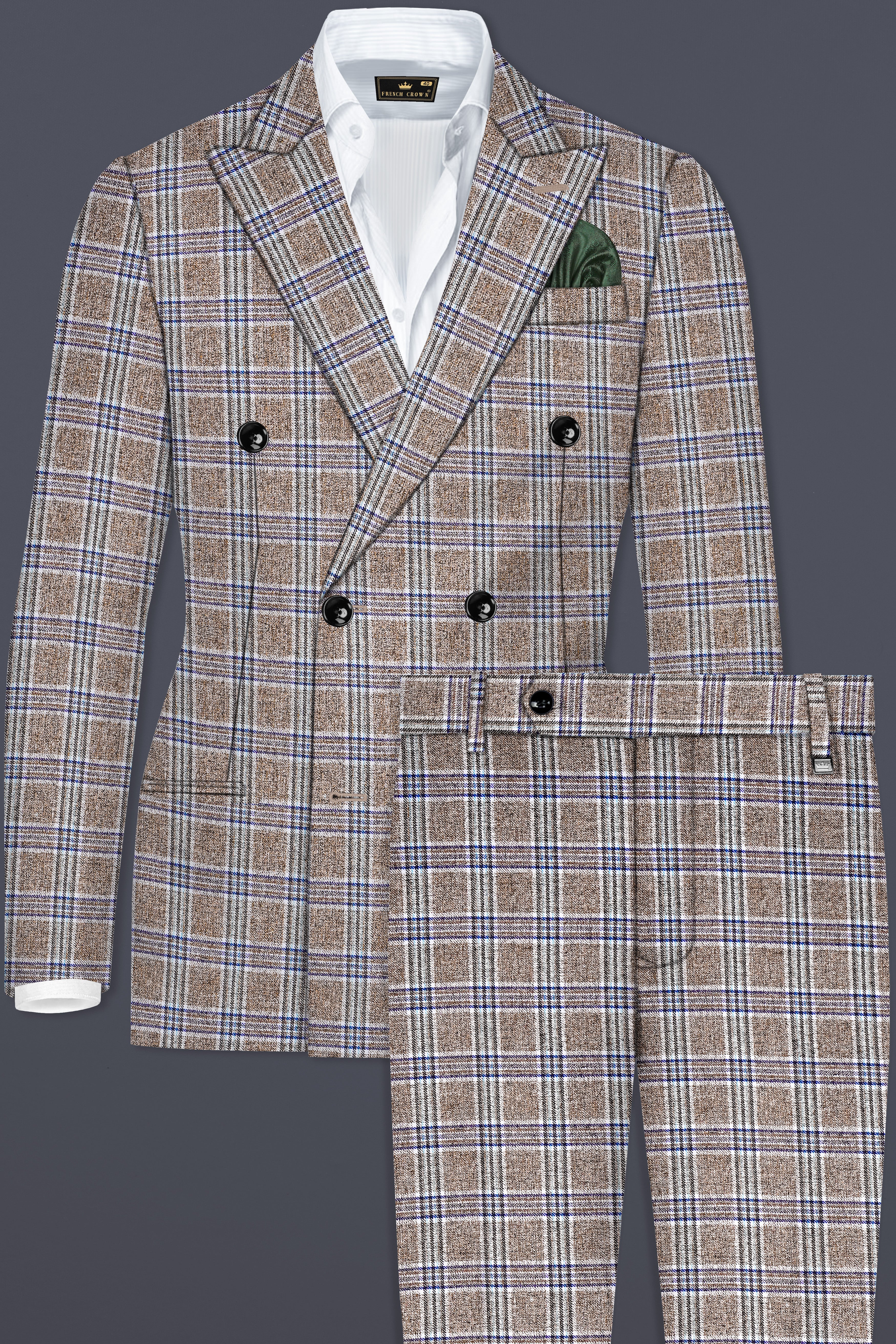 Shadow Brown with Rhino Blue Plaid Wool Blend Double Breasted Suit