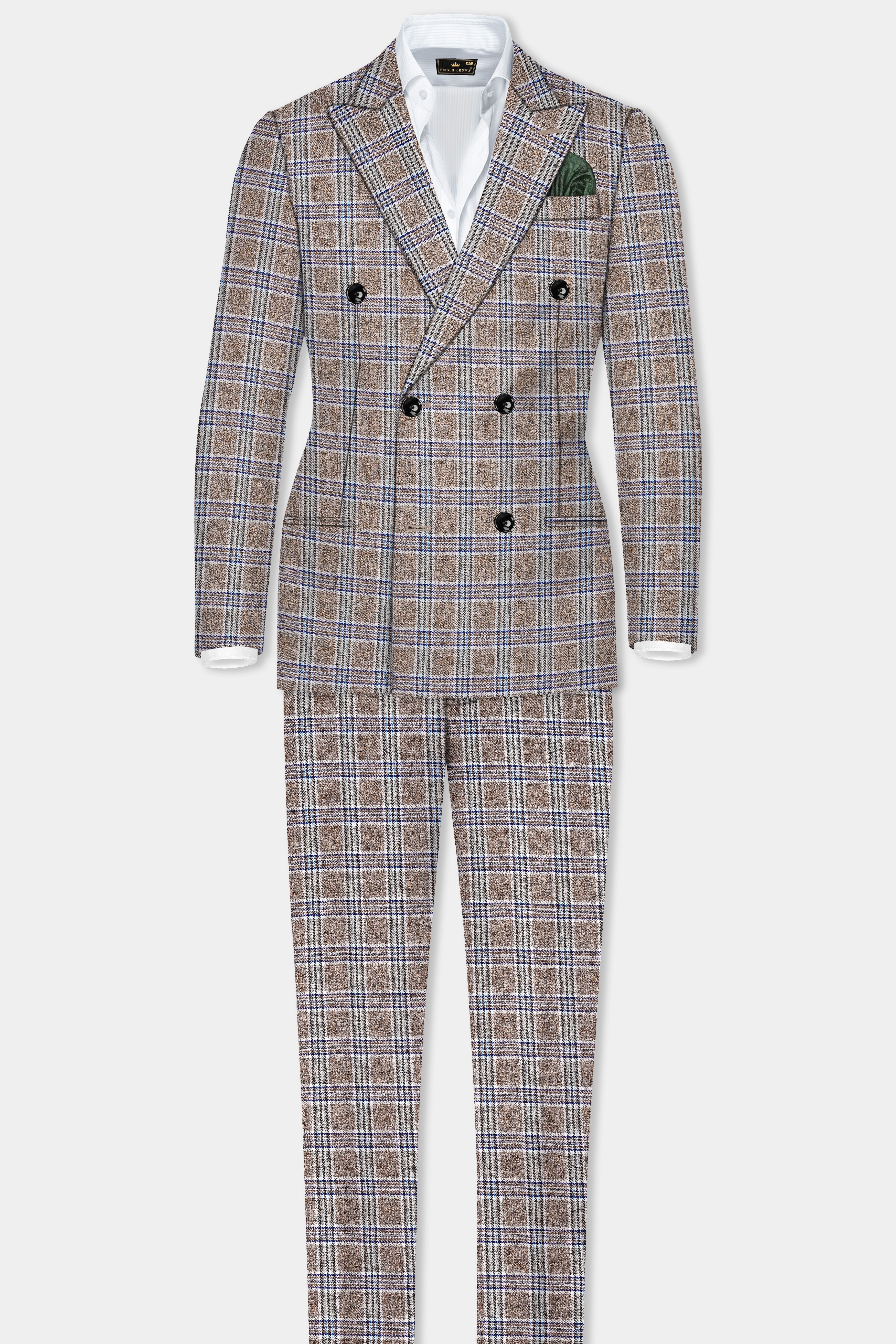 Shadow Brown with Rhino Blue Plaid Wool Blend Double Breasted Suit