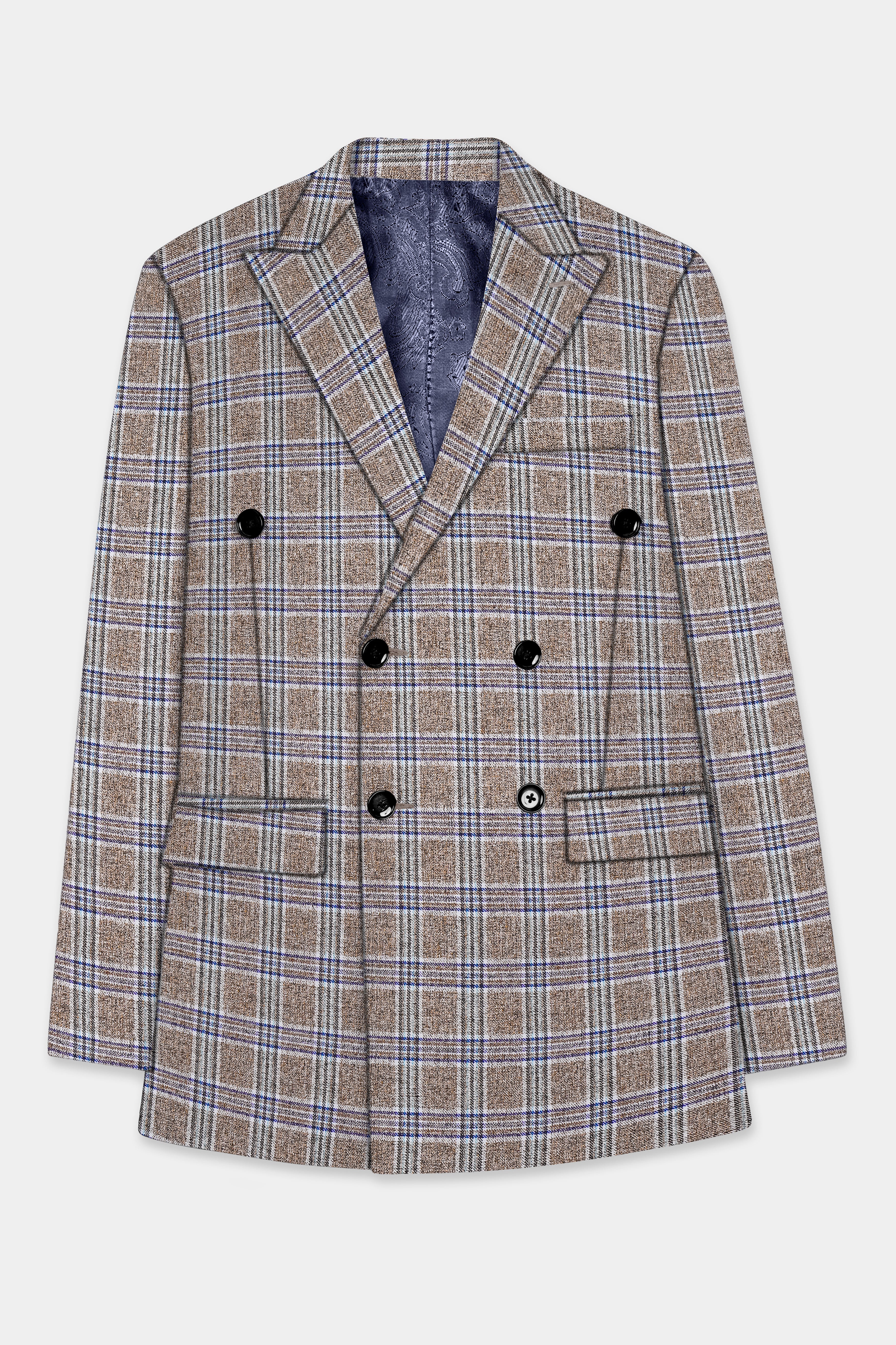 Shadow Brown with Rhino Blue Plaid Wool Blend Double Breasted Suit