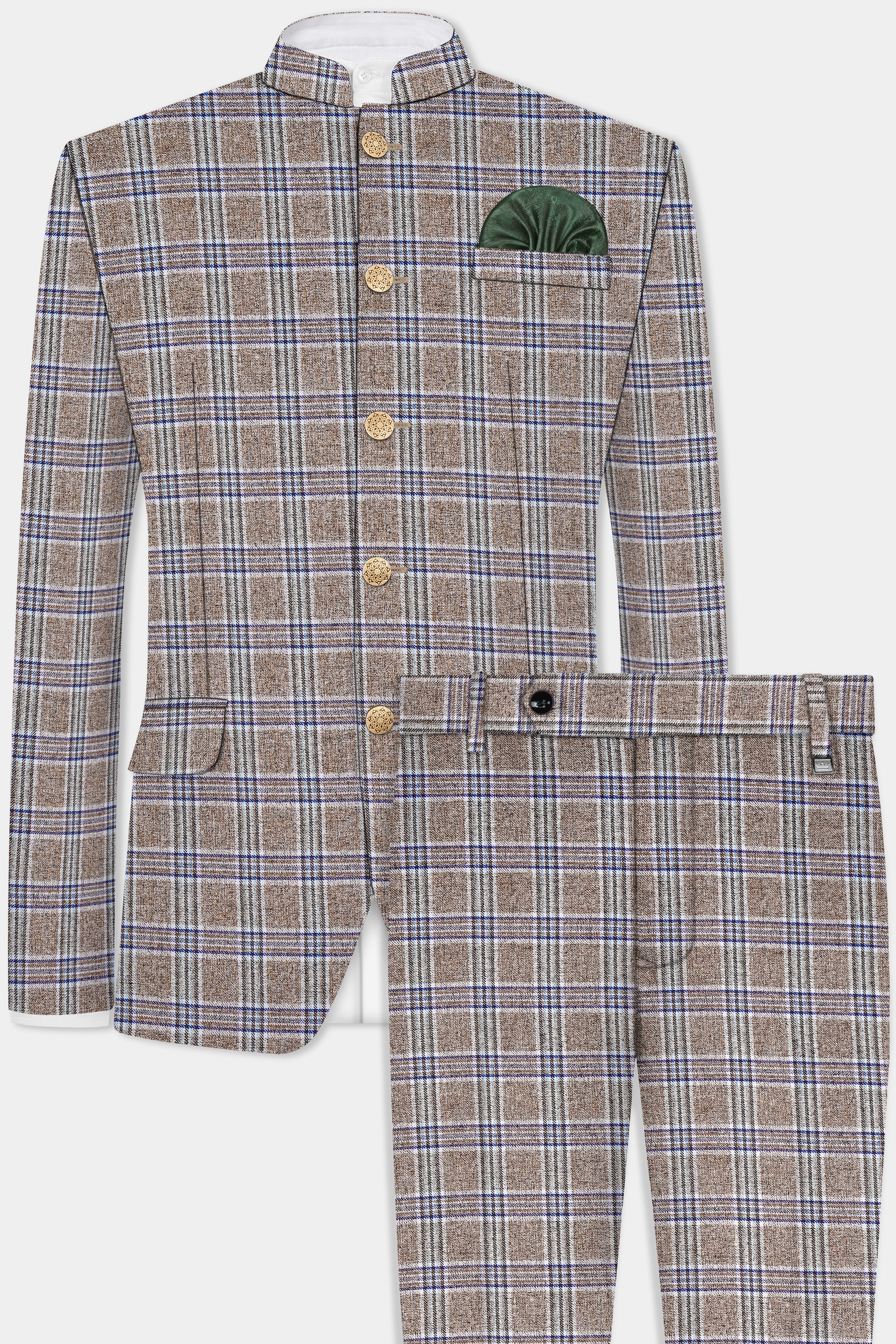 Shadow Brown with Rhino Blue Plaid Wool Blend Bandhgala Suit