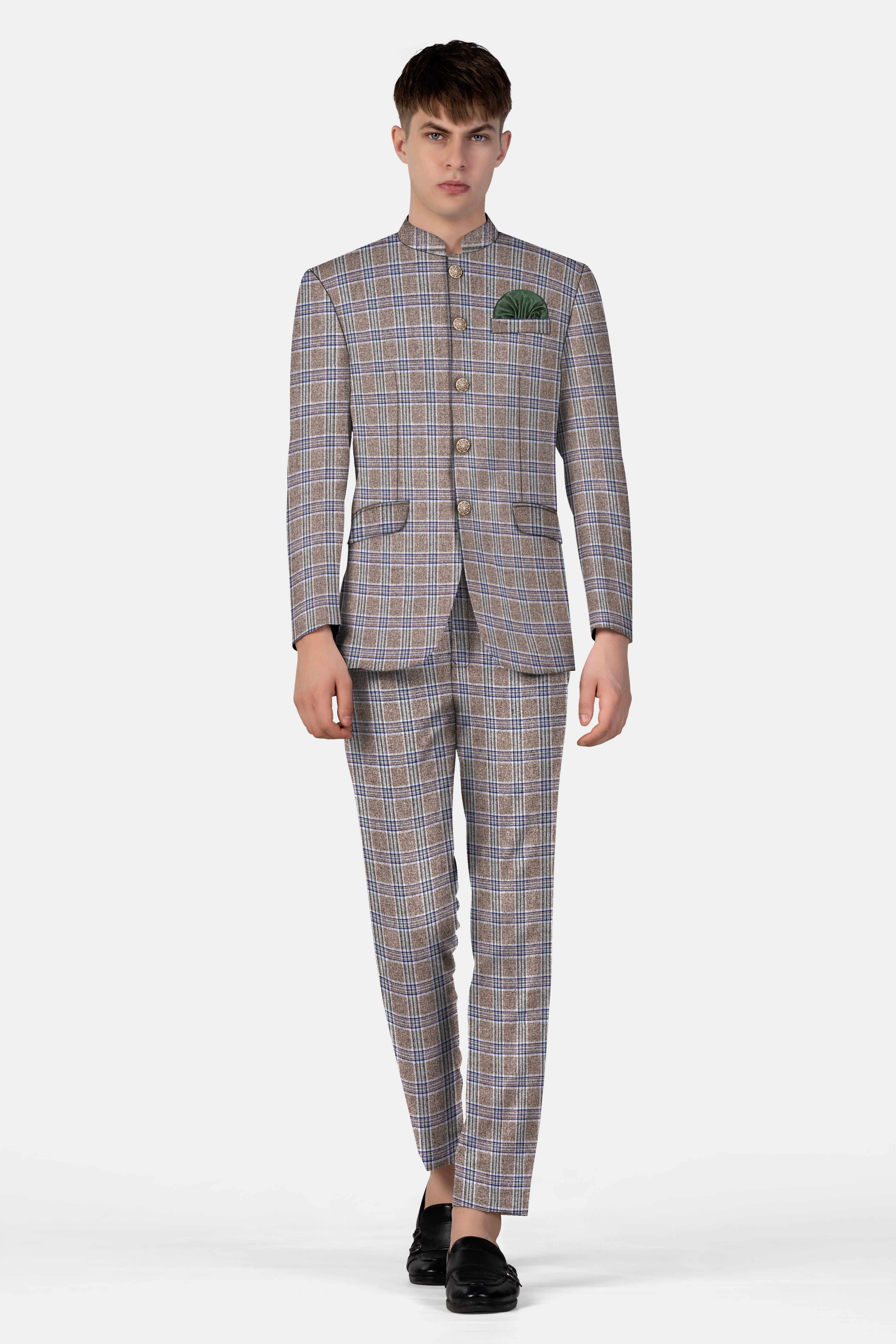 Shadow Brown with Rhino Blue Plaid Wool Blend Bandhgala Suit