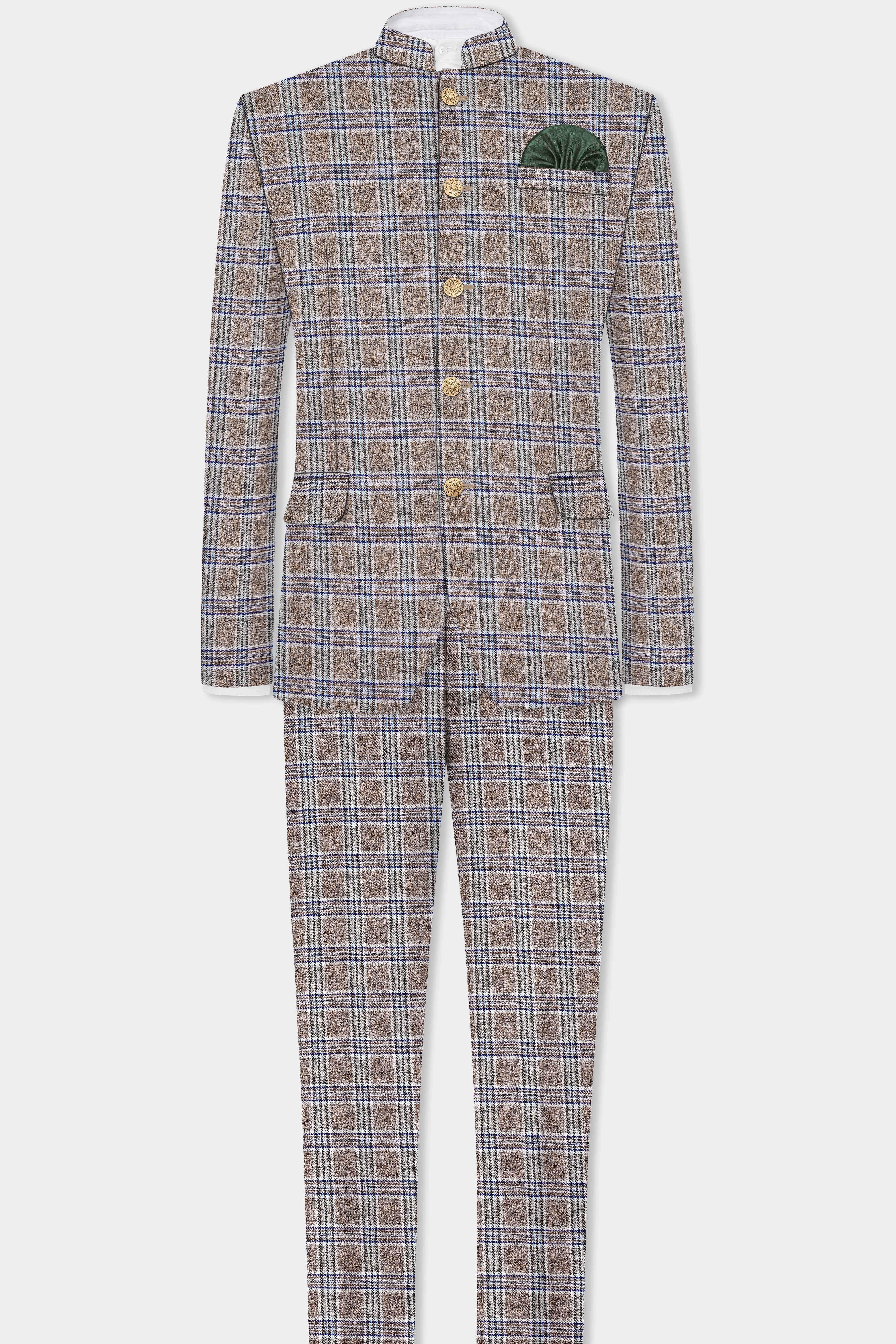 Shadow Brown with Rhino Blue Plaid Wool Blend Bandhgala Suit