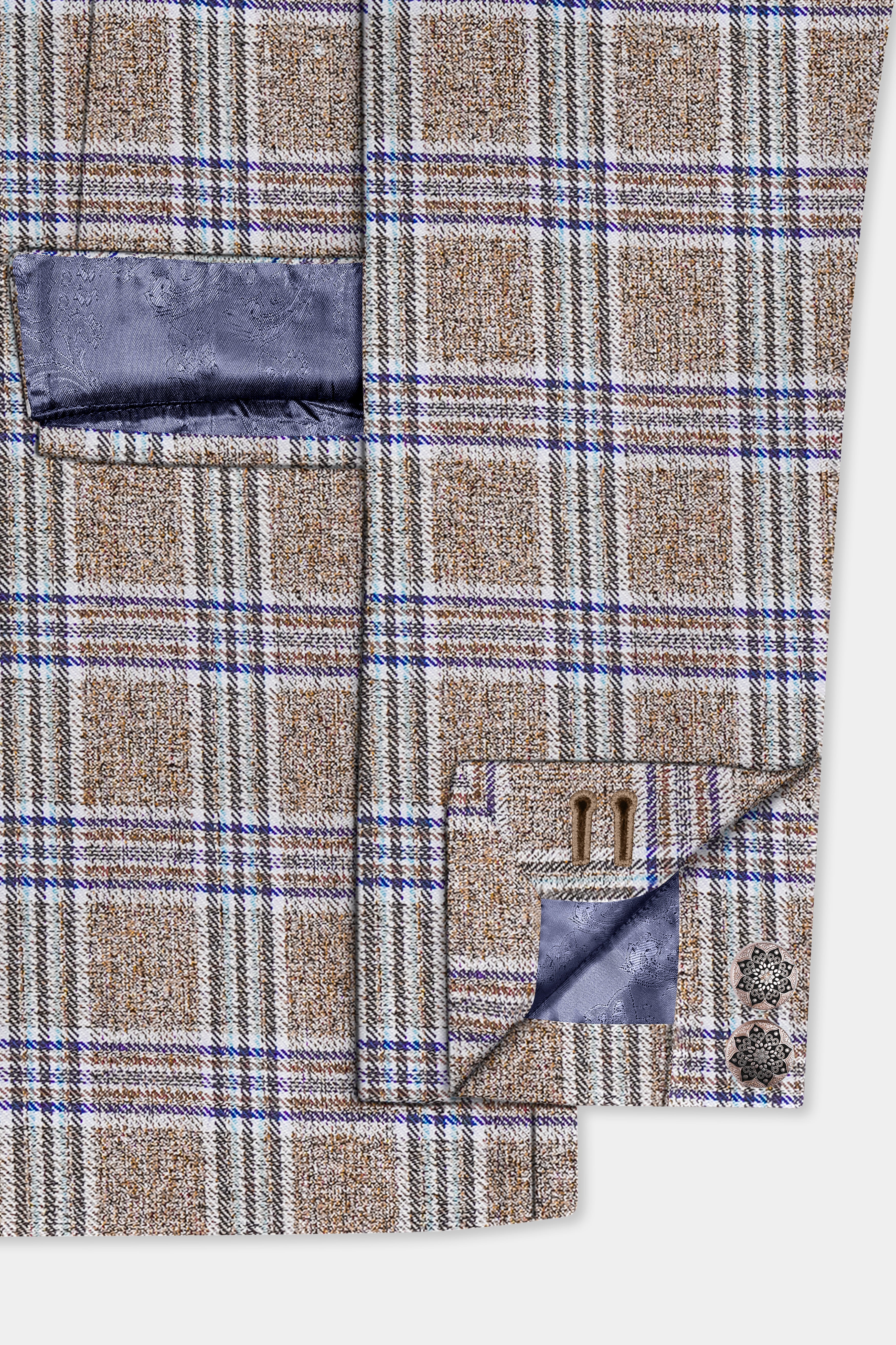 Shadow Brown with Rhino Blue Plaid Wool Blend Bandhgala Suit