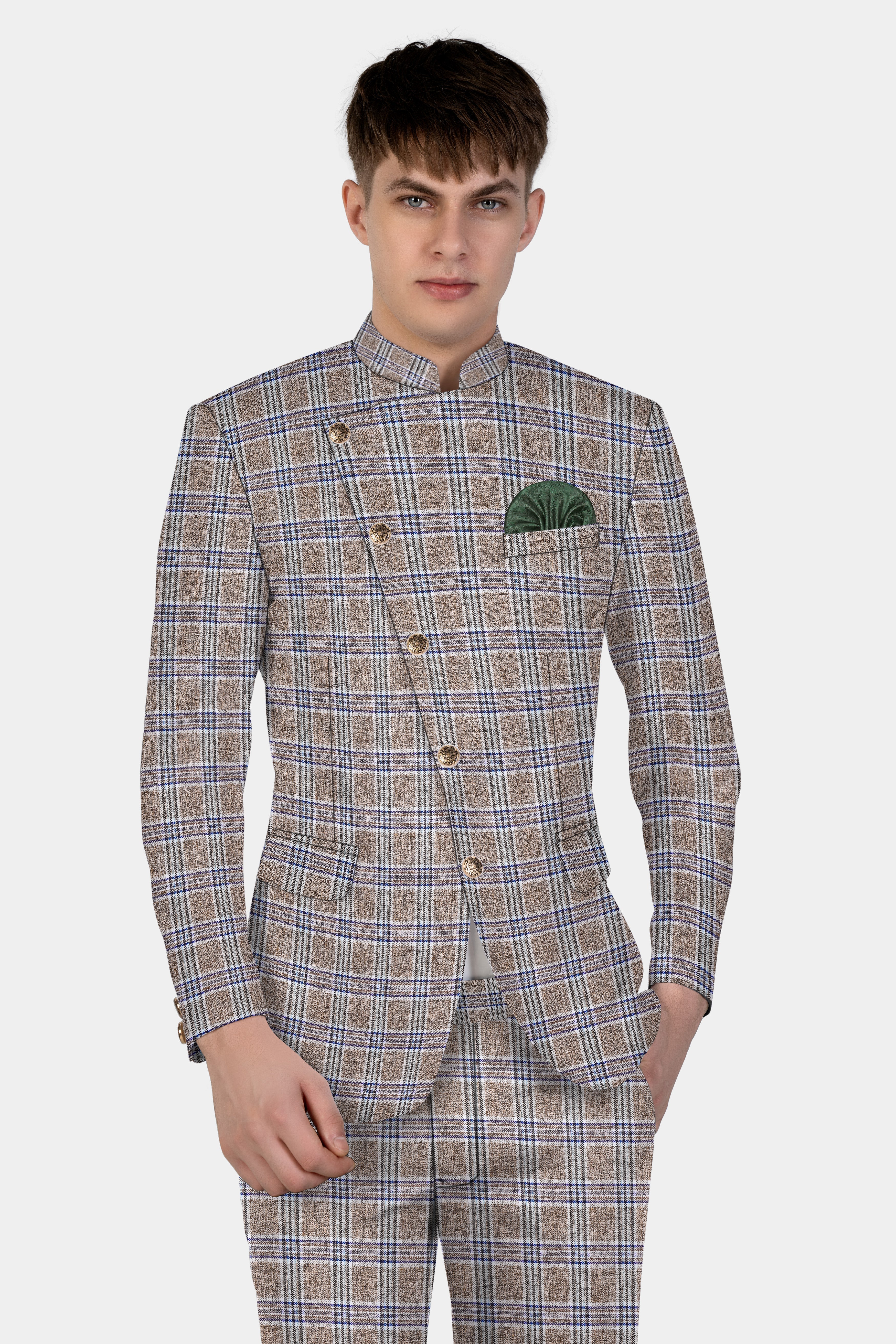 Shadow Brown with Rhino Blue Plaid Wool Blend Cross Placket Bandhgala Suit