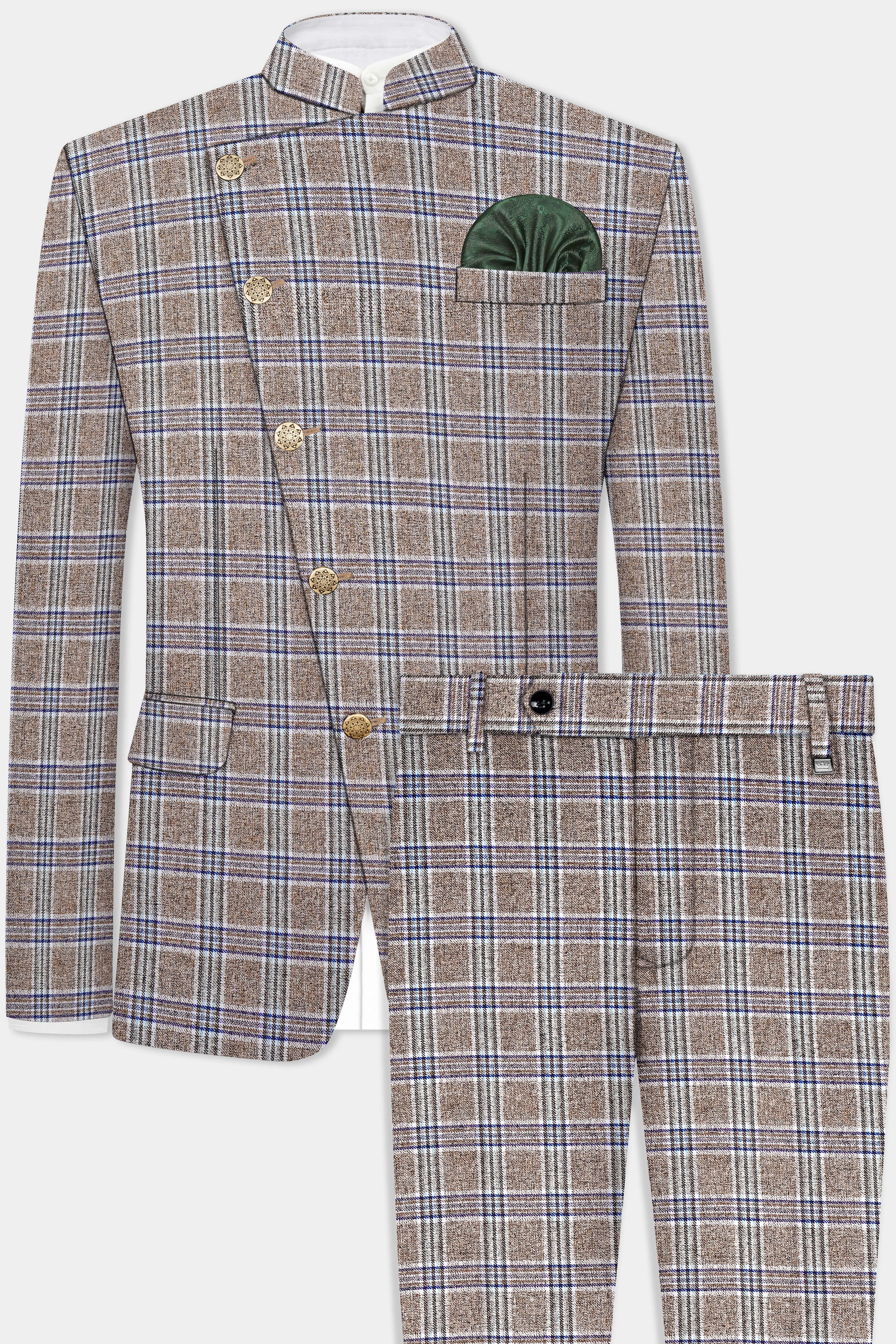 Shadow Brown with Rhino Blue Plaid Wool Blend Cross Placket Bandhgala Suit