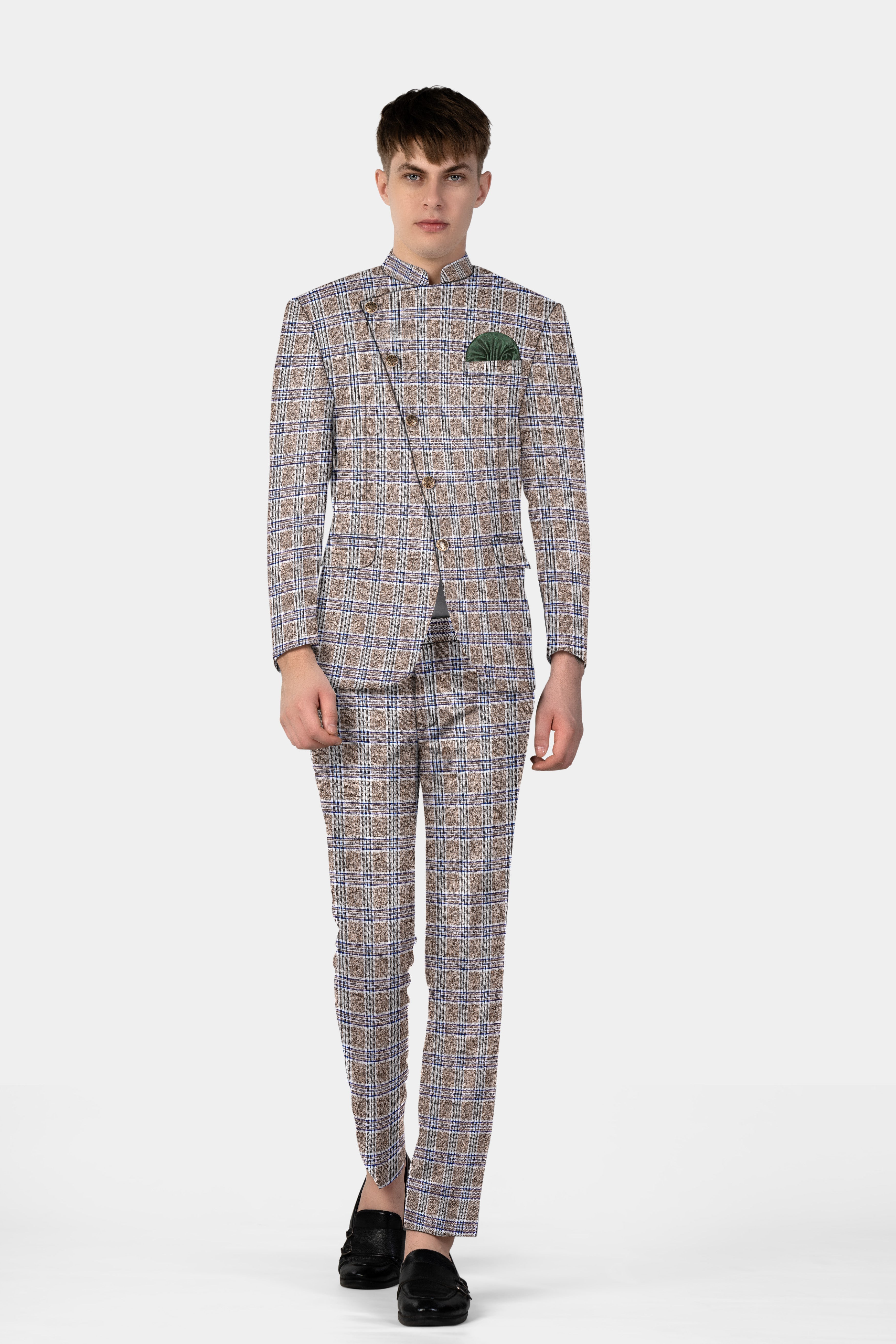 Shadow Brown with Rhino Blue Plaid Wool Blend Cross Placket Bandhgala Suit