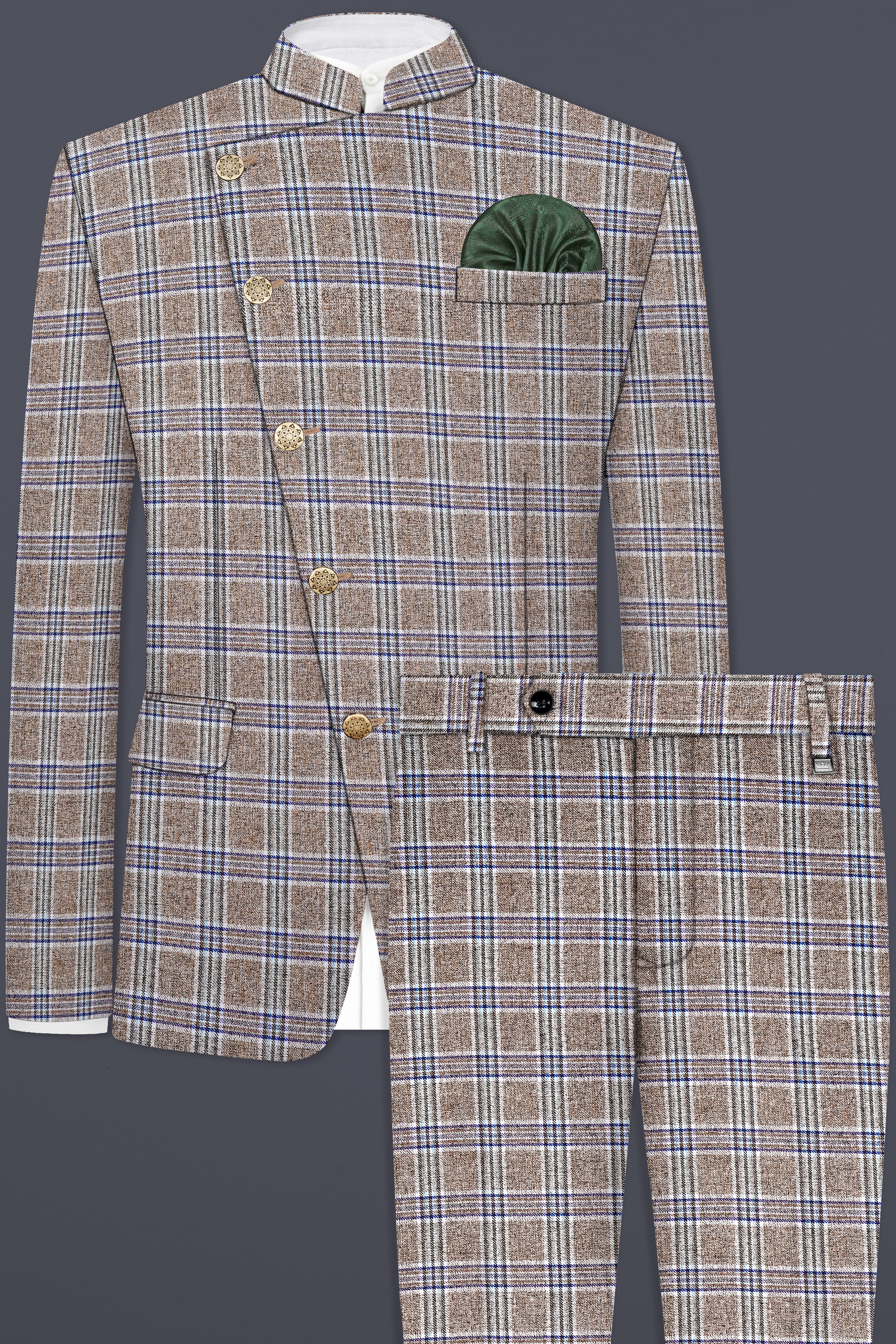 Shadow Brown with Rhino Blue Plaid Wool Blend Cross Placket Bandhgala Suit