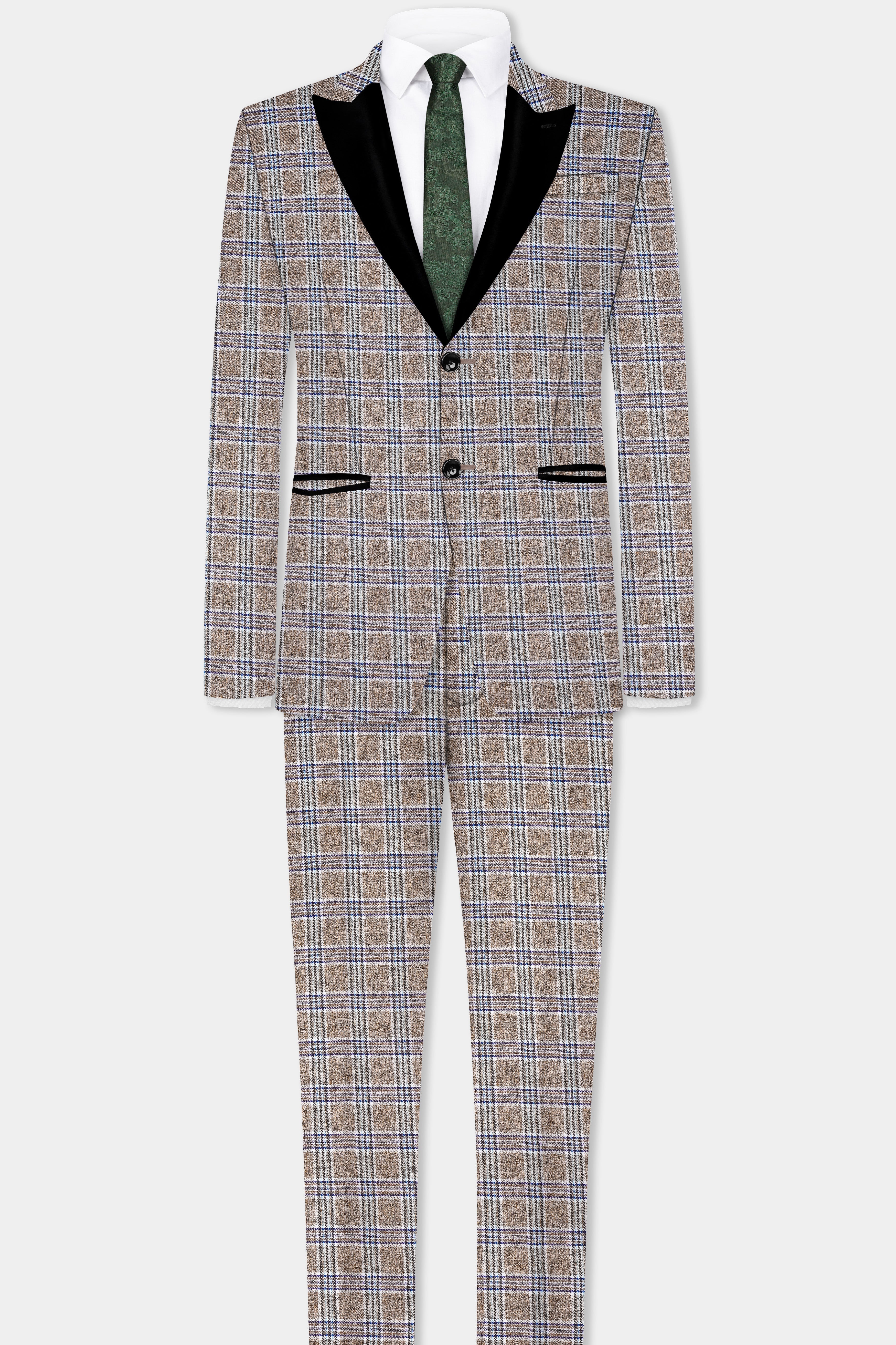 Shadow Brown with Rhino Blue Plaid Wool Blend Peak Collar Tuxedo Suit