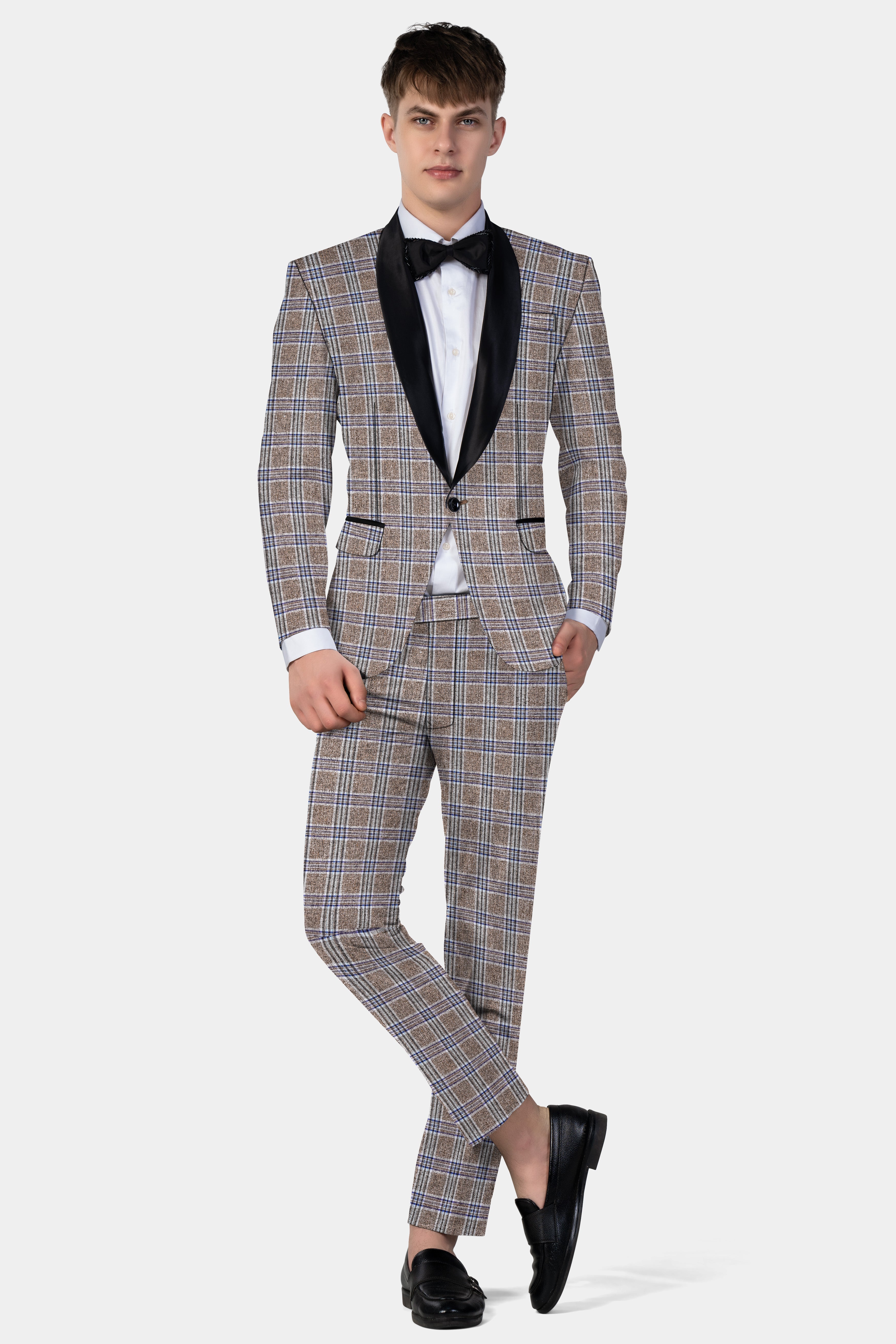 Shadow Brown with Rhino Blue Plaid Wool Blend Tuxedo Suit