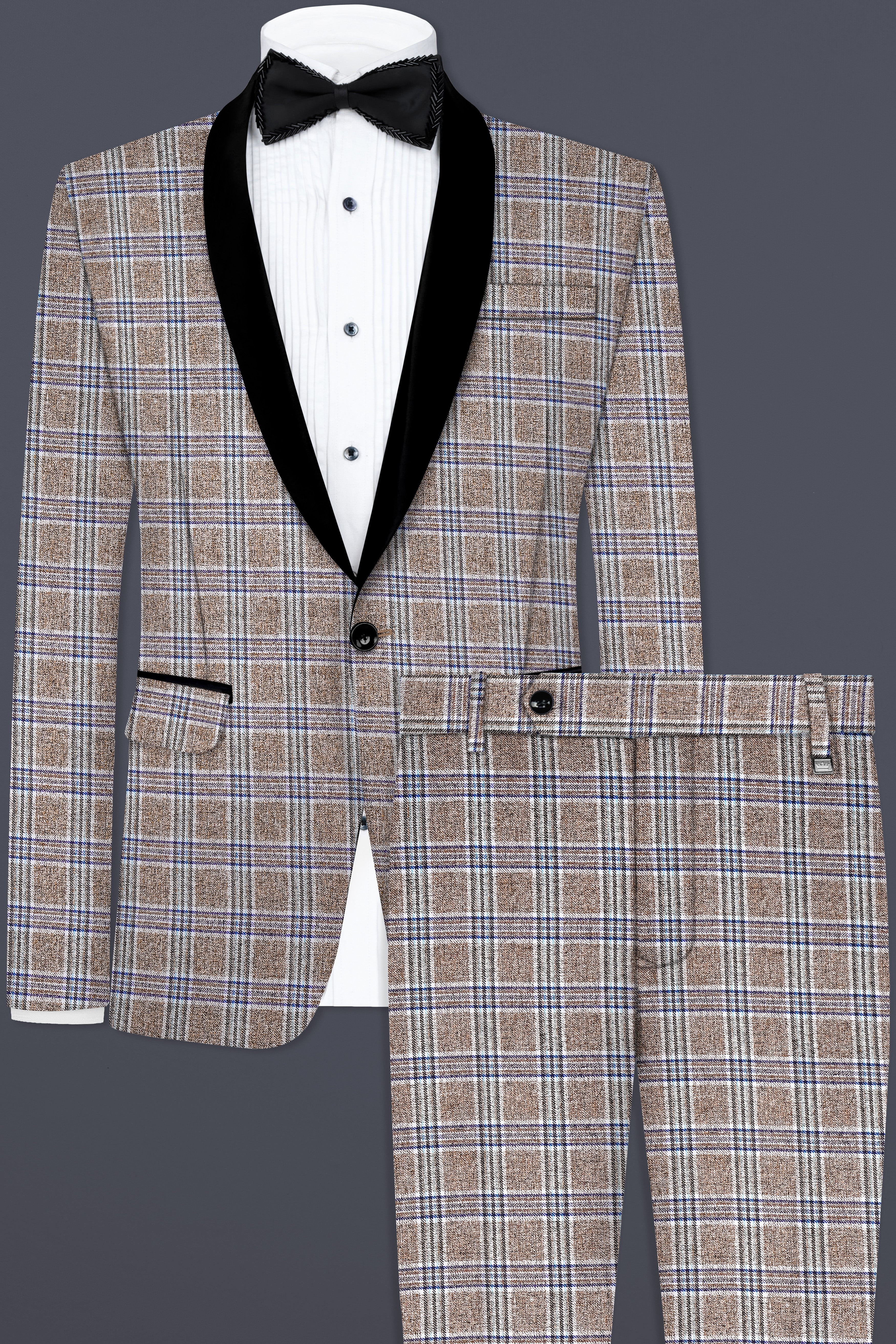 Shadow Brown with Rhino Blue Plaid Wool Blend Tuxedo Suit