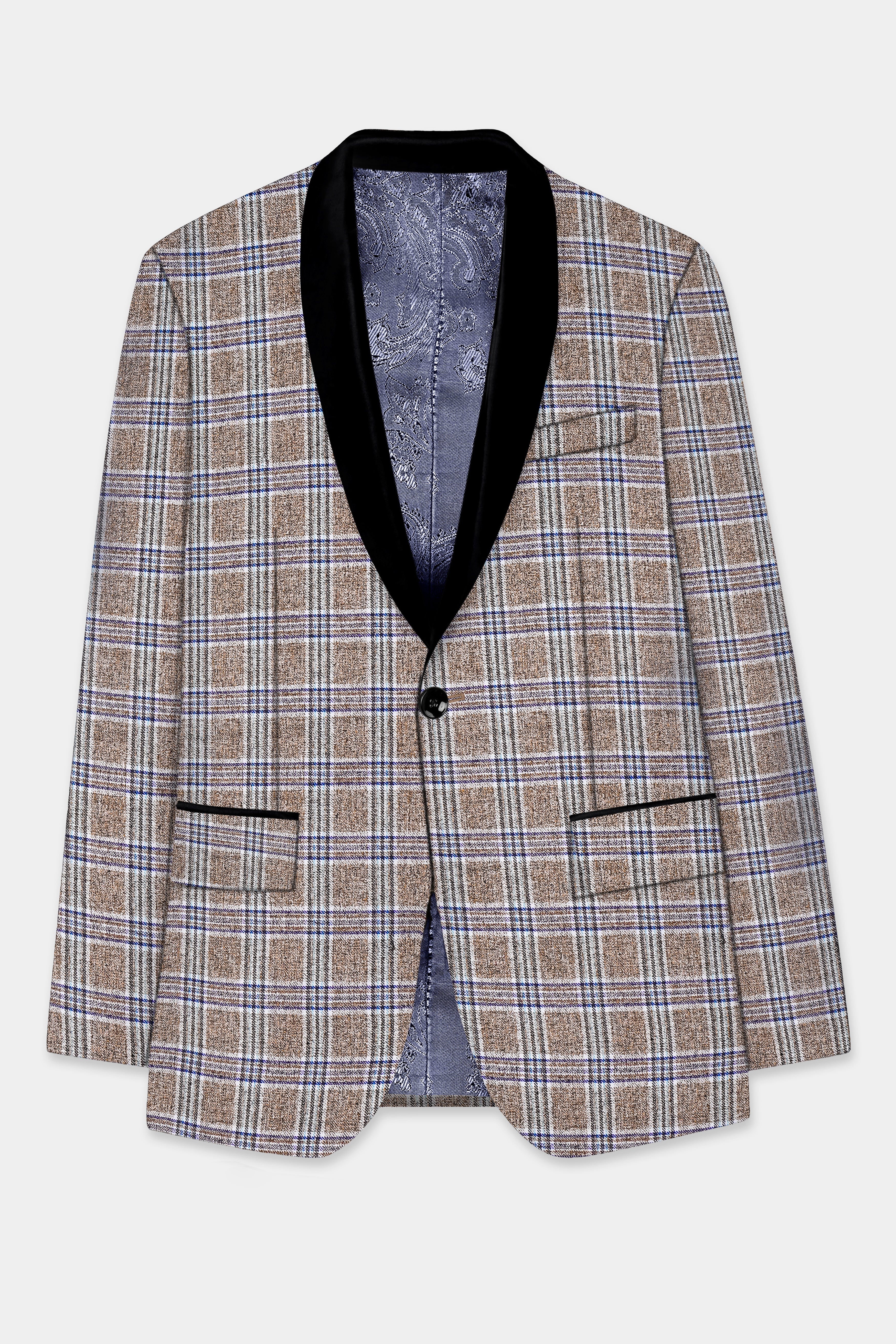 Shadow Brown with Rhino Blue Plaid Wool Blend Tuxedo Suit