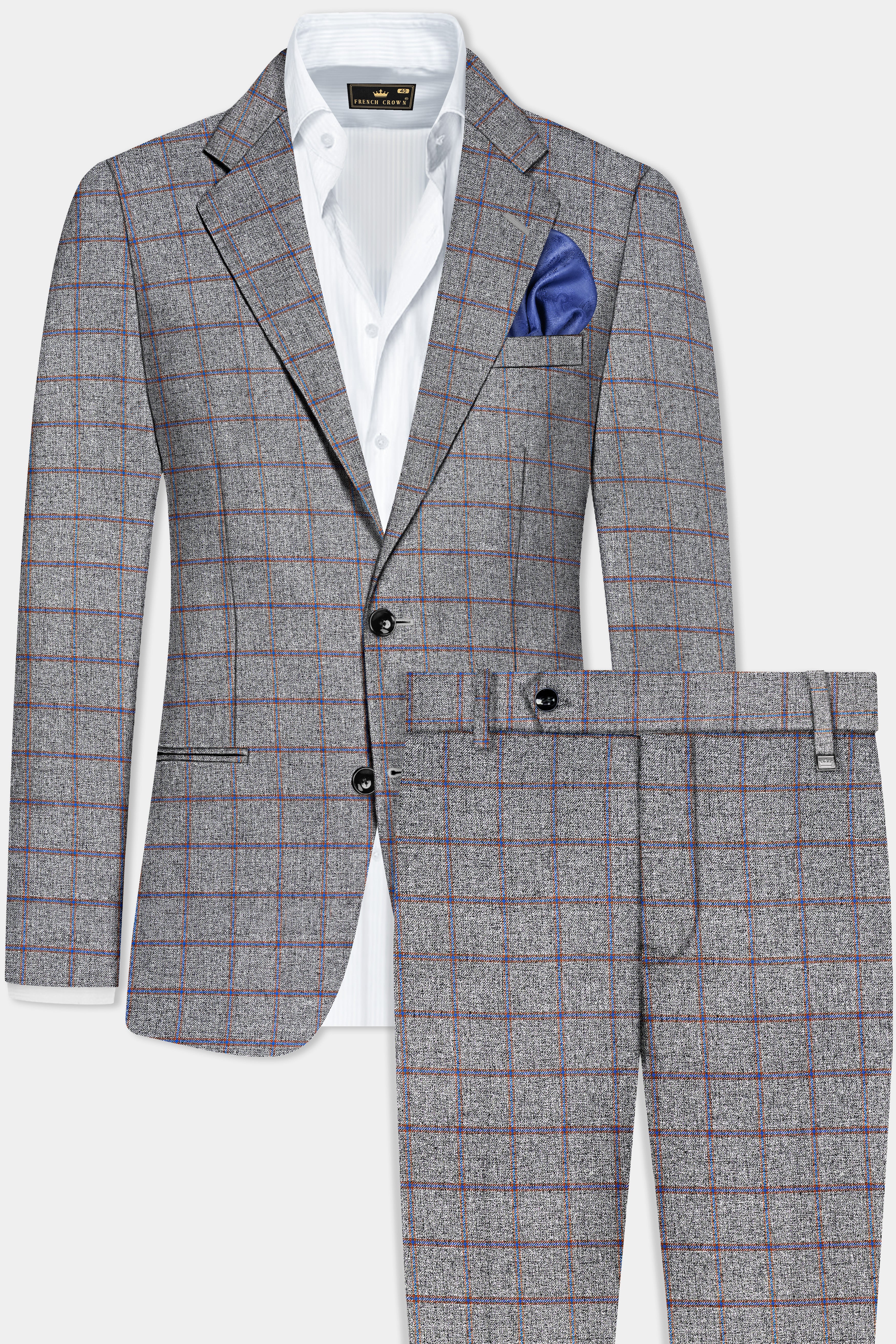 Smokey Gray Windowpane Wool Blend Single Breasted Suit