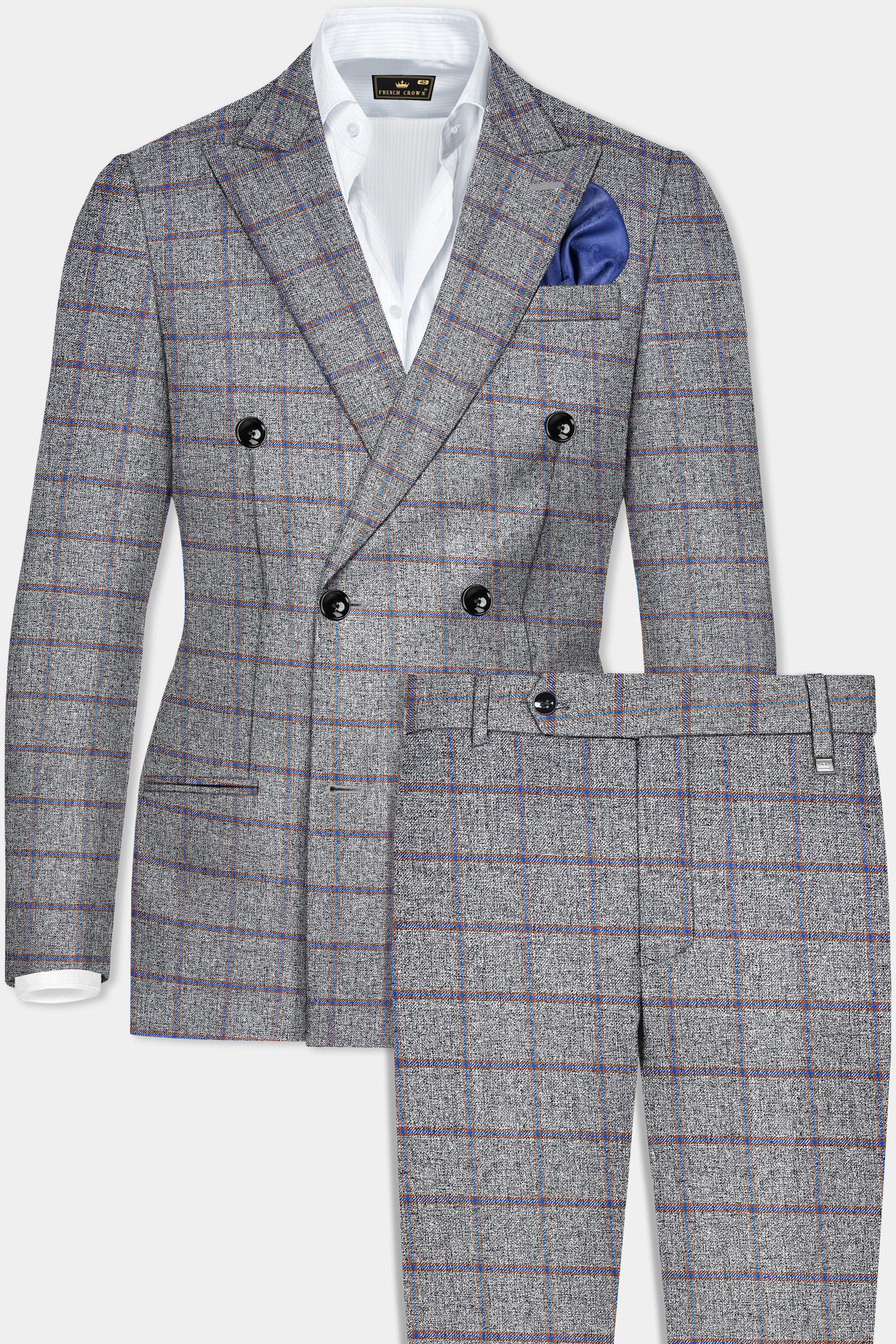 Smokey Gray Windowpane Wool Blend Double Breasted Suit