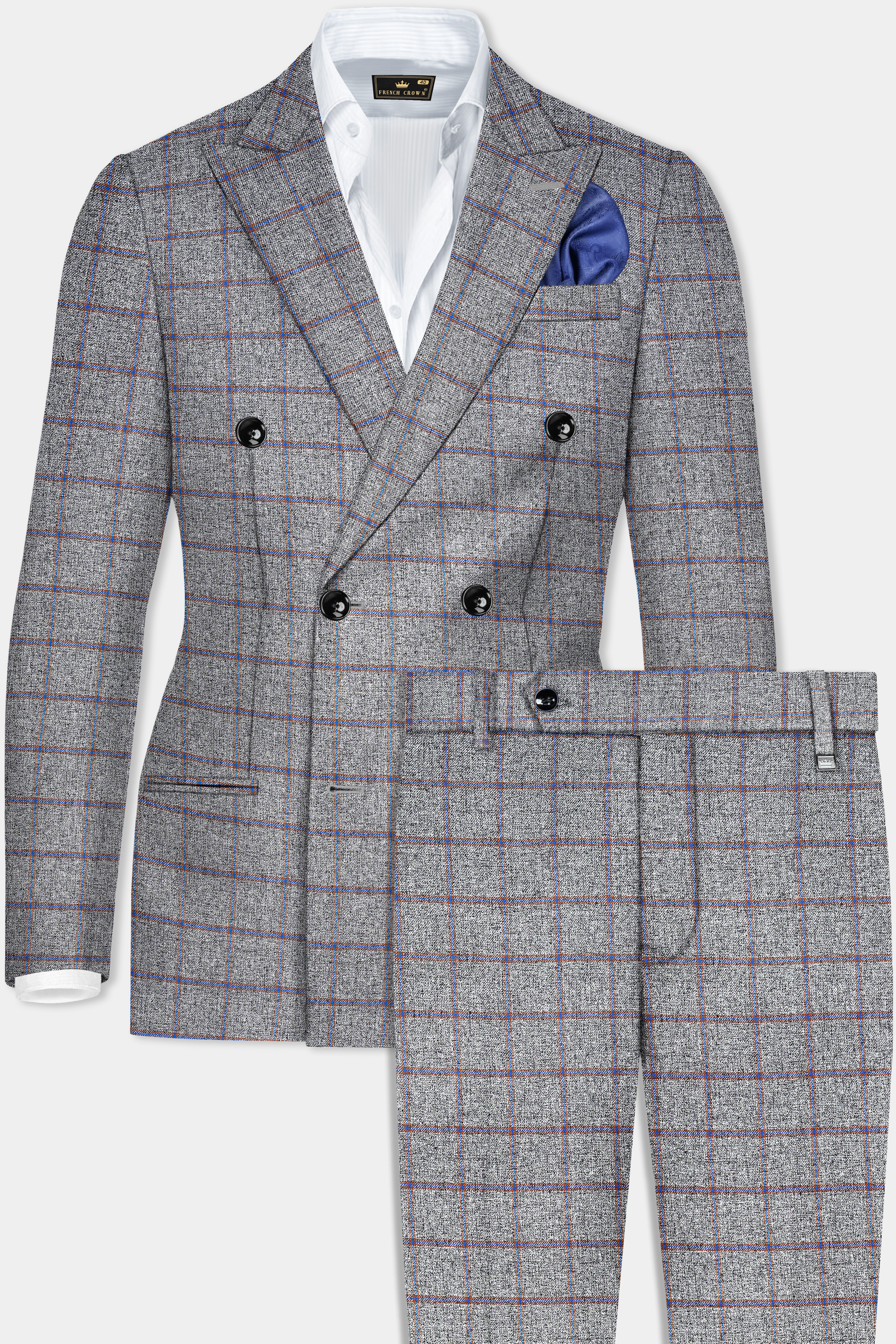 Smokey Gray Windowpane Wool Blend Double Breasted Suit