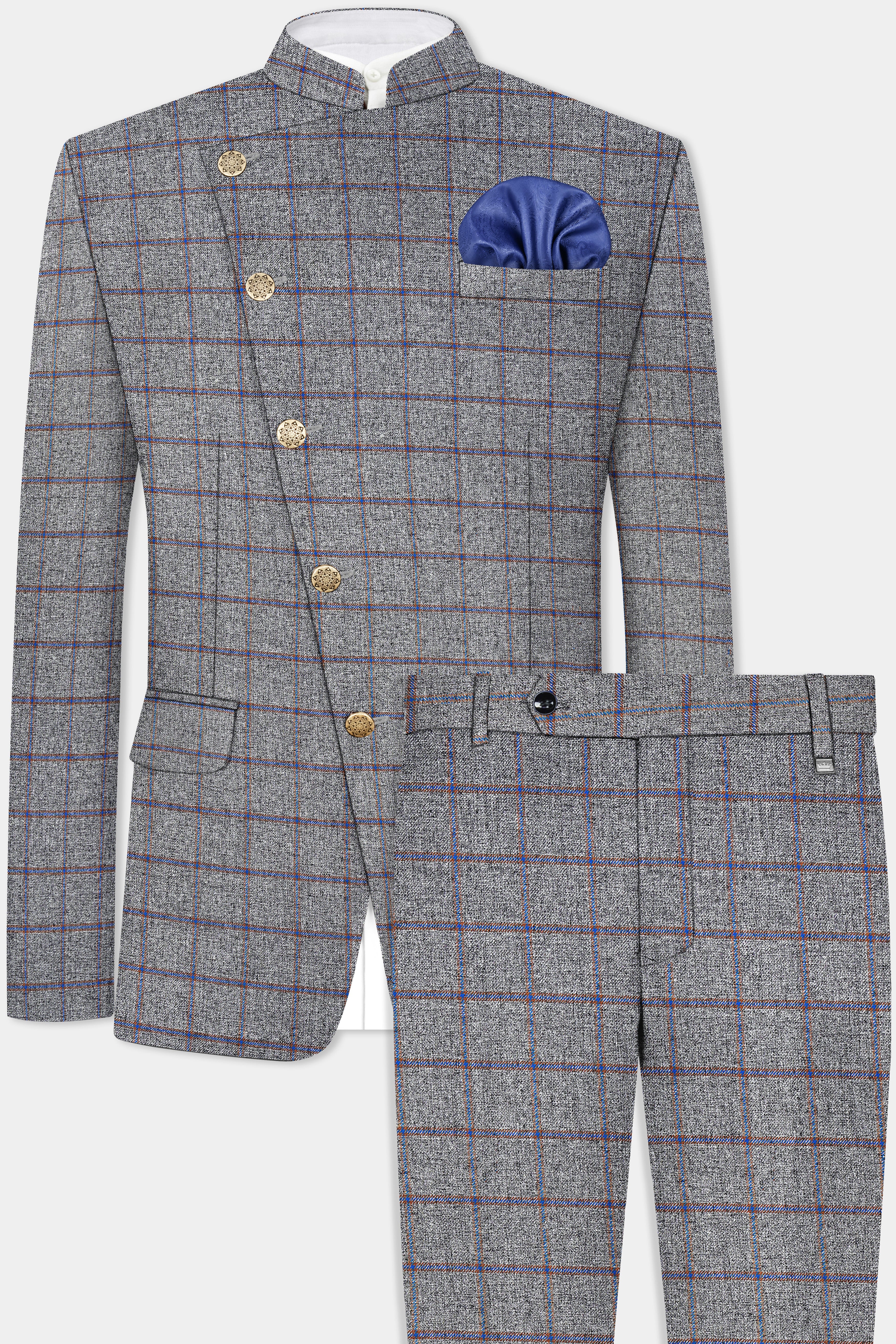 Smokey Gray Windowpane Wool Blend Cross Placket Bandhgala Suit