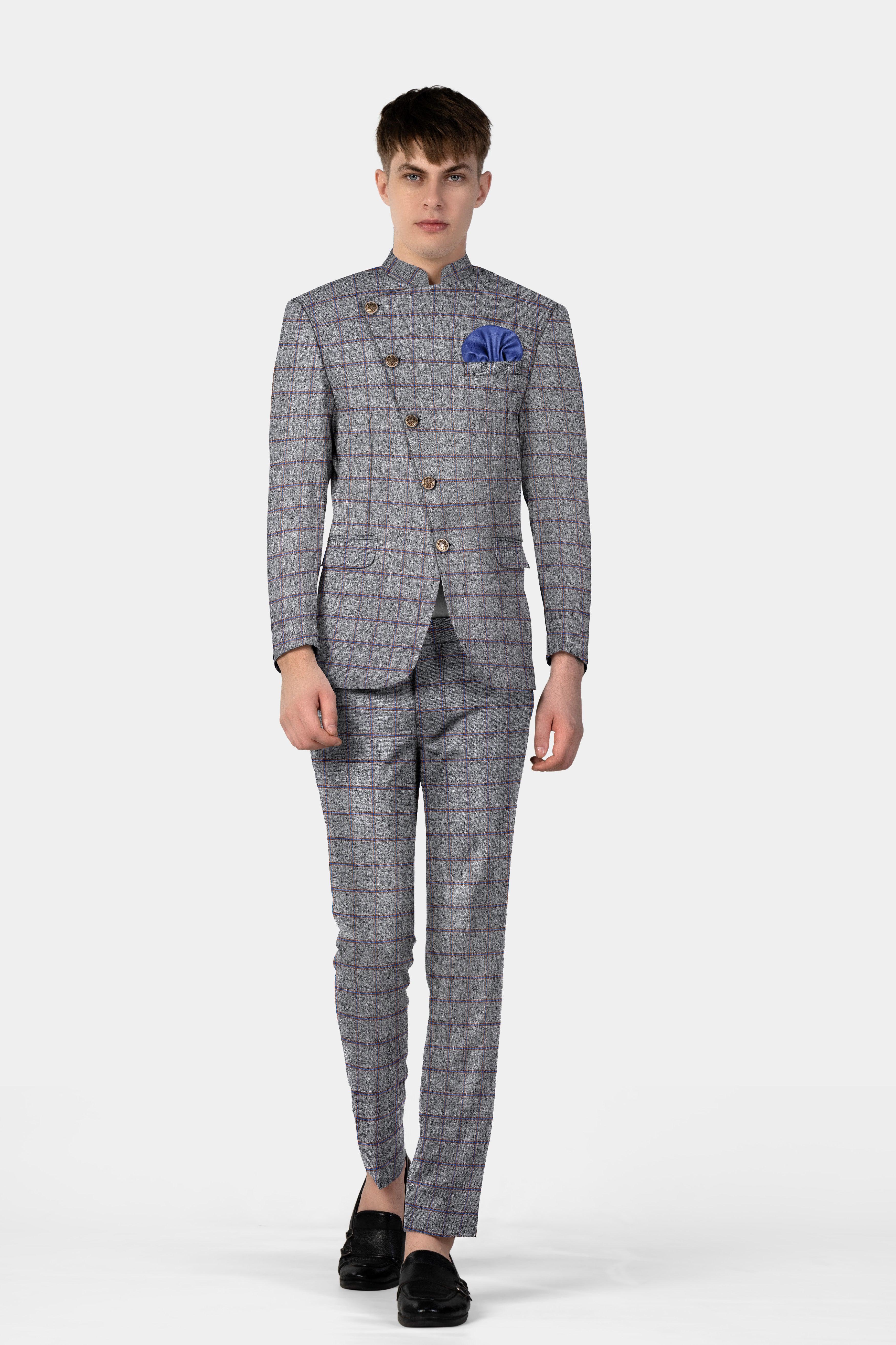 Smokey Gray Windowpane Wool Blend Cross Placket Bandhgala Suit