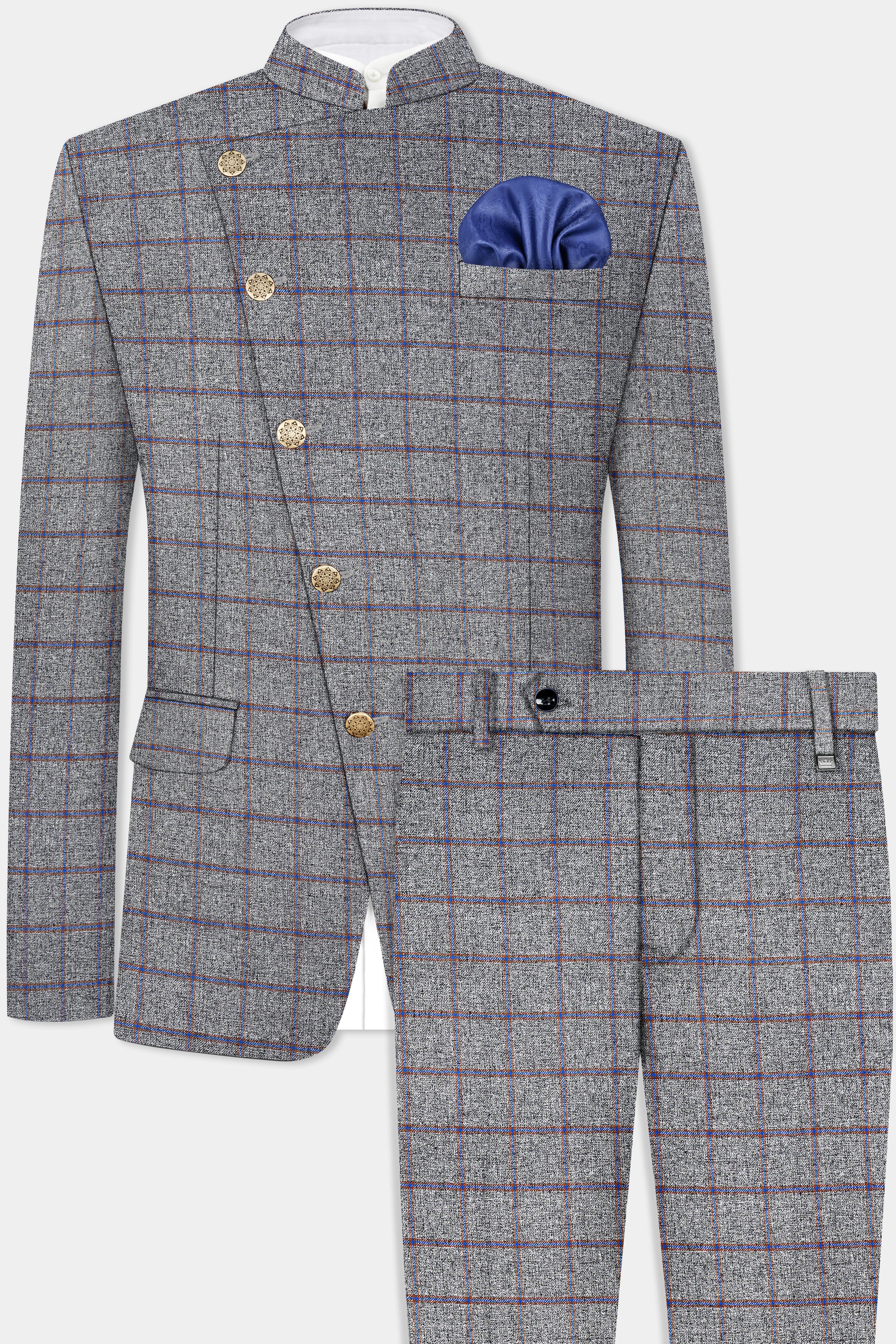 Smokey Gray Windowpane Wool Blend Cross Placket Bandhgala Suit