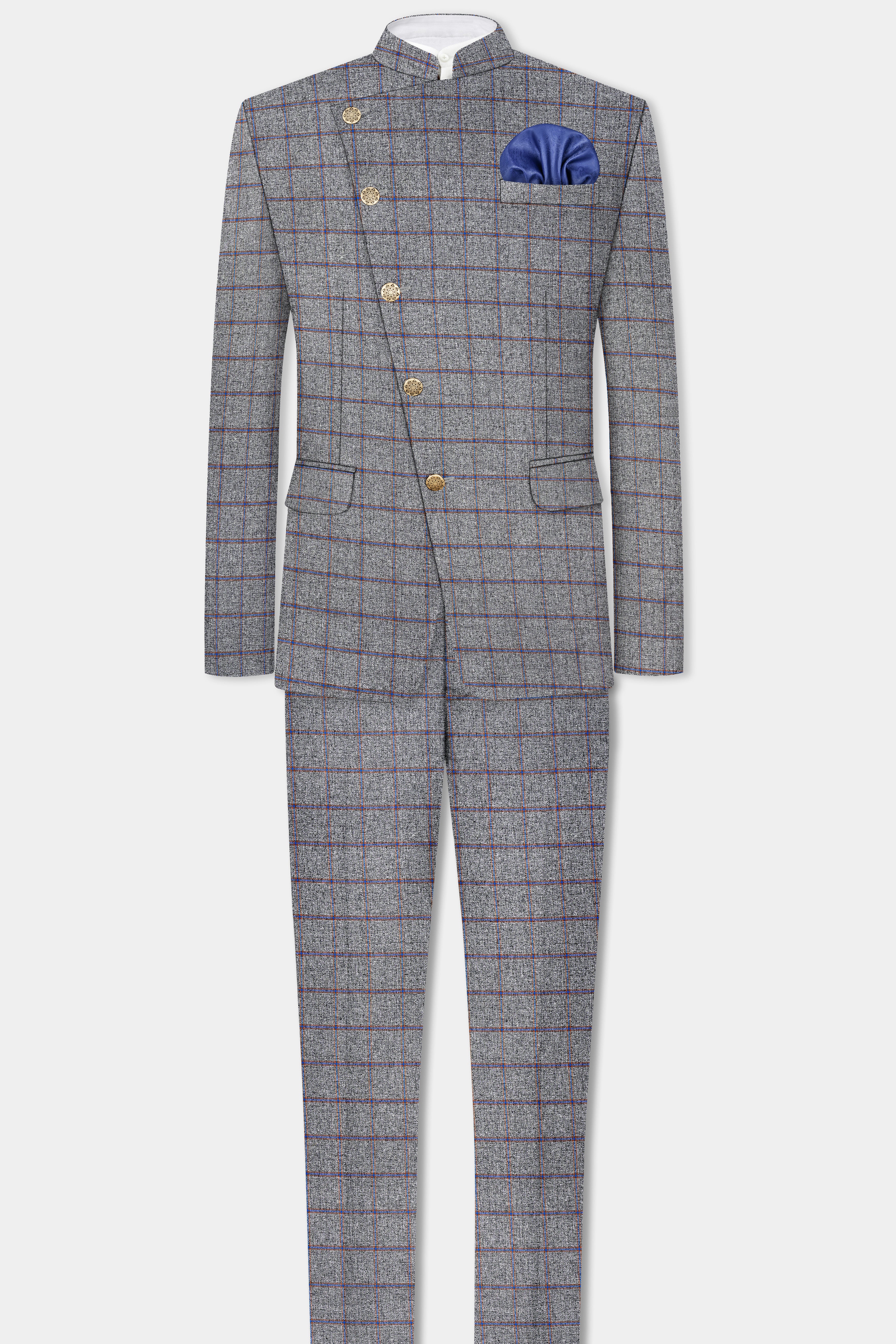 Smokey Gray Windowpane Wool Blend Cross Placket Bandhgala Suit